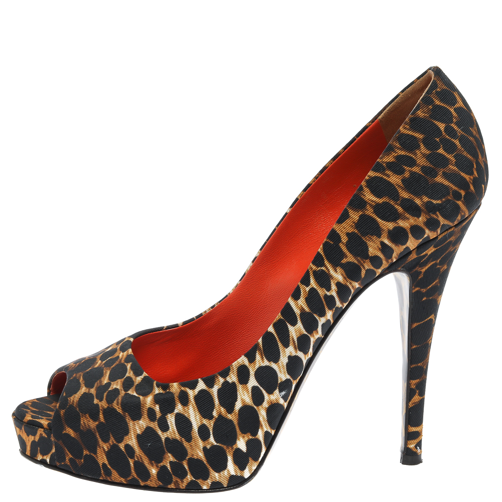 

Dolce & Gabbana Black Leopard Printed Fabric Platform Peep Toe Pumps Size