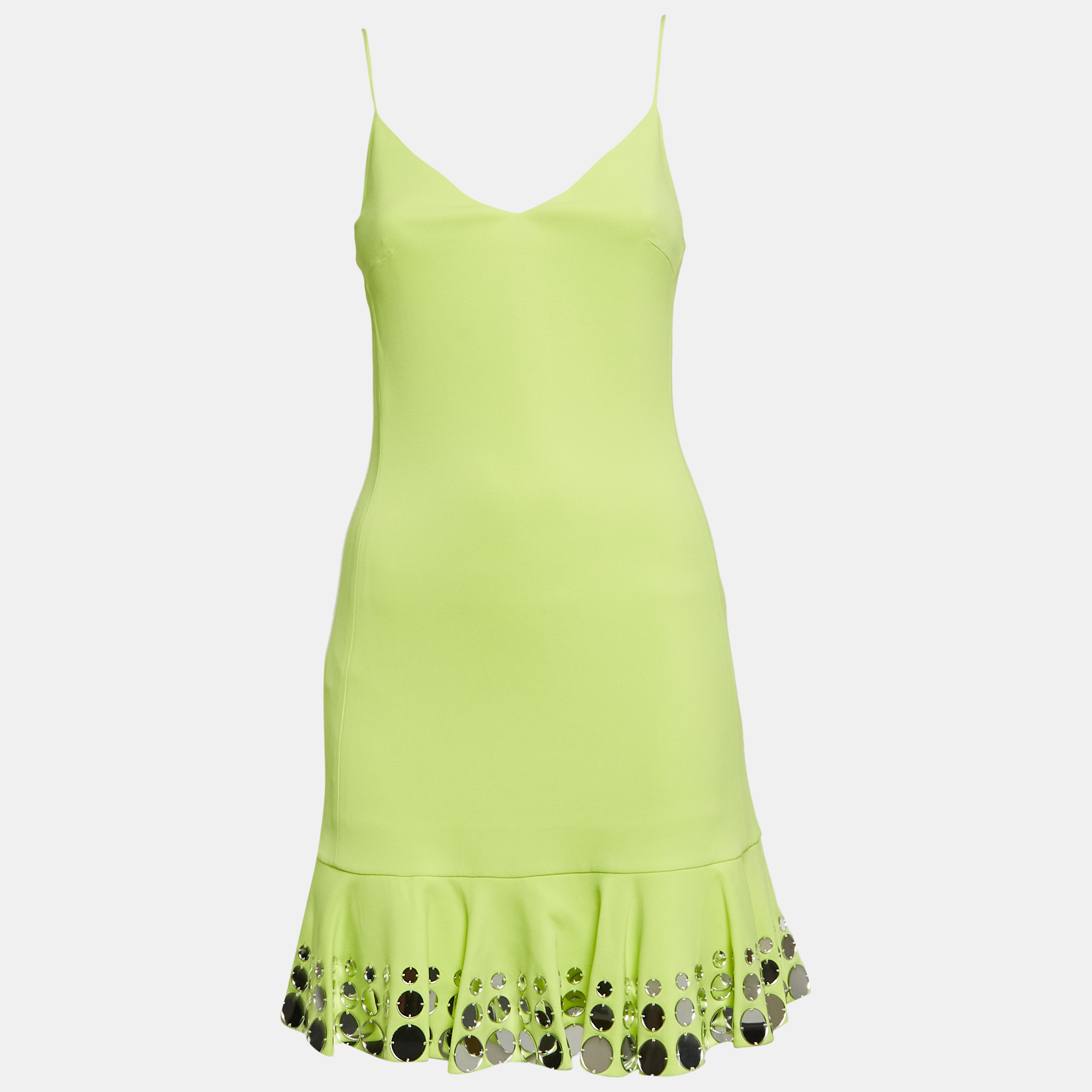 

David Koma Neon Green Mirror Embellished Jersey Flutter Mini Dress S