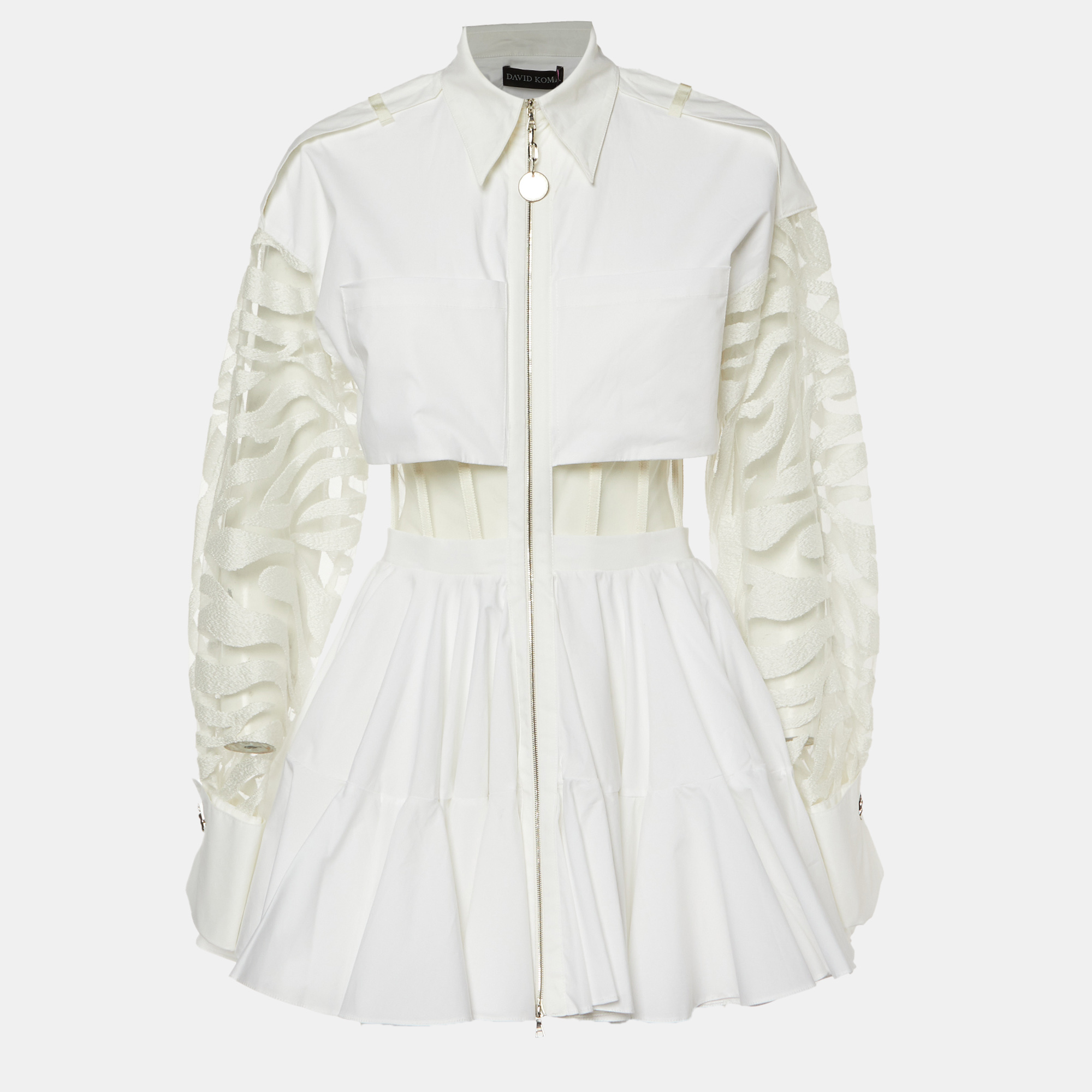 

David Koma White Cotton Tulle Paneled Skater Dress M