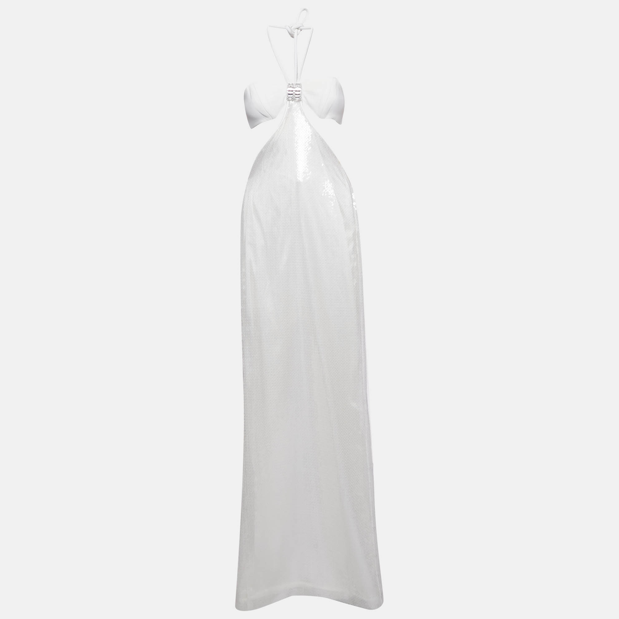 Pre-owned David Koma White Sequin Cut-out Tie-up Maxi Dress Xs