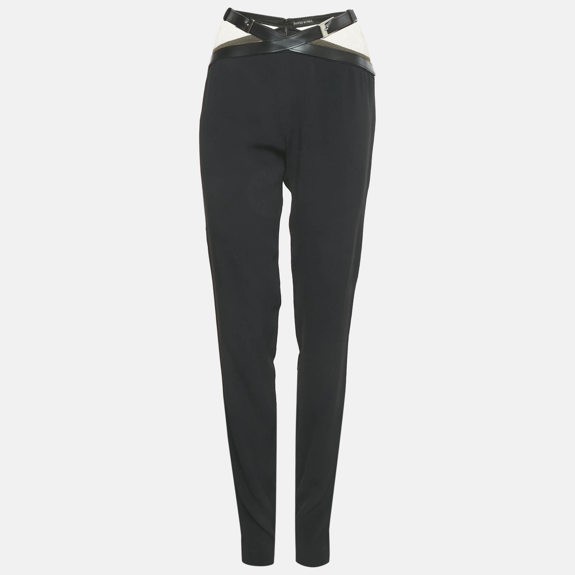 

David Koma Black Crepe Belt Detail Mesh Trimmed Trousers S