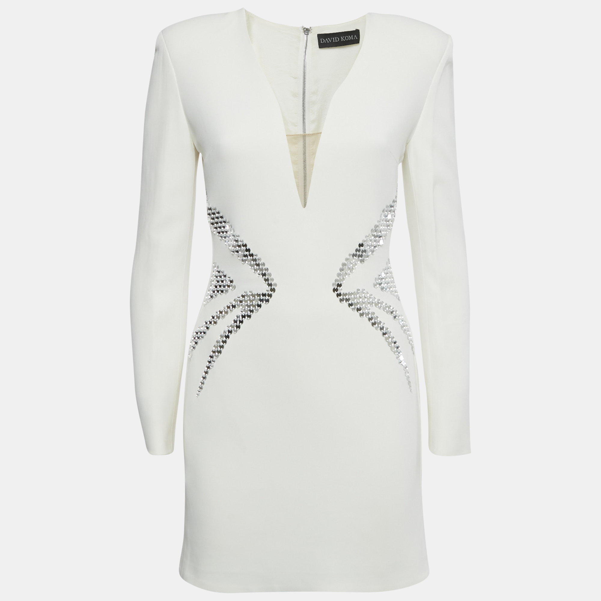 

David Koma Ivory Crepe Mirror Embroidered Mini Dress S, White