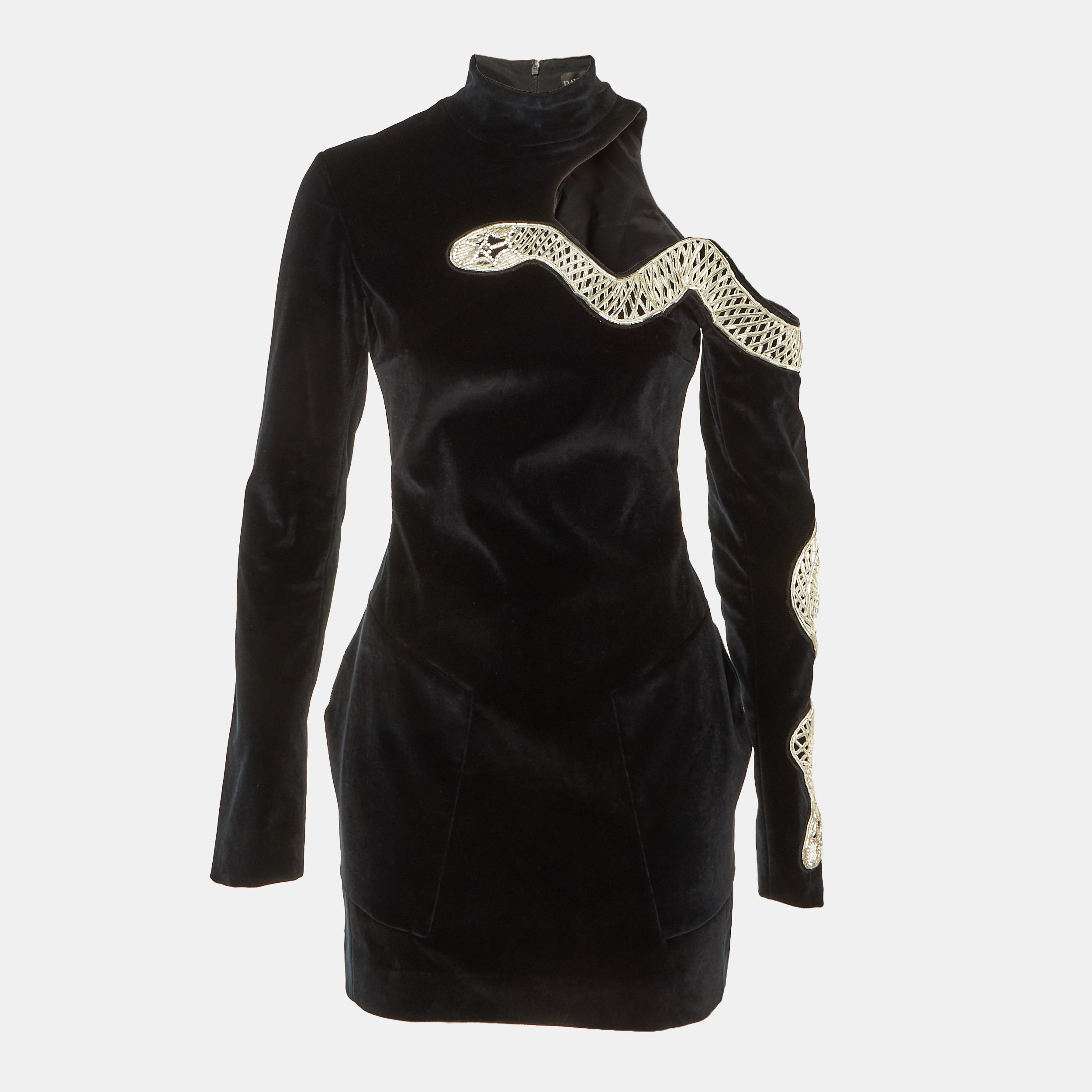 David Koma Black Velvet Embellished Cut-Out Mini Dress S