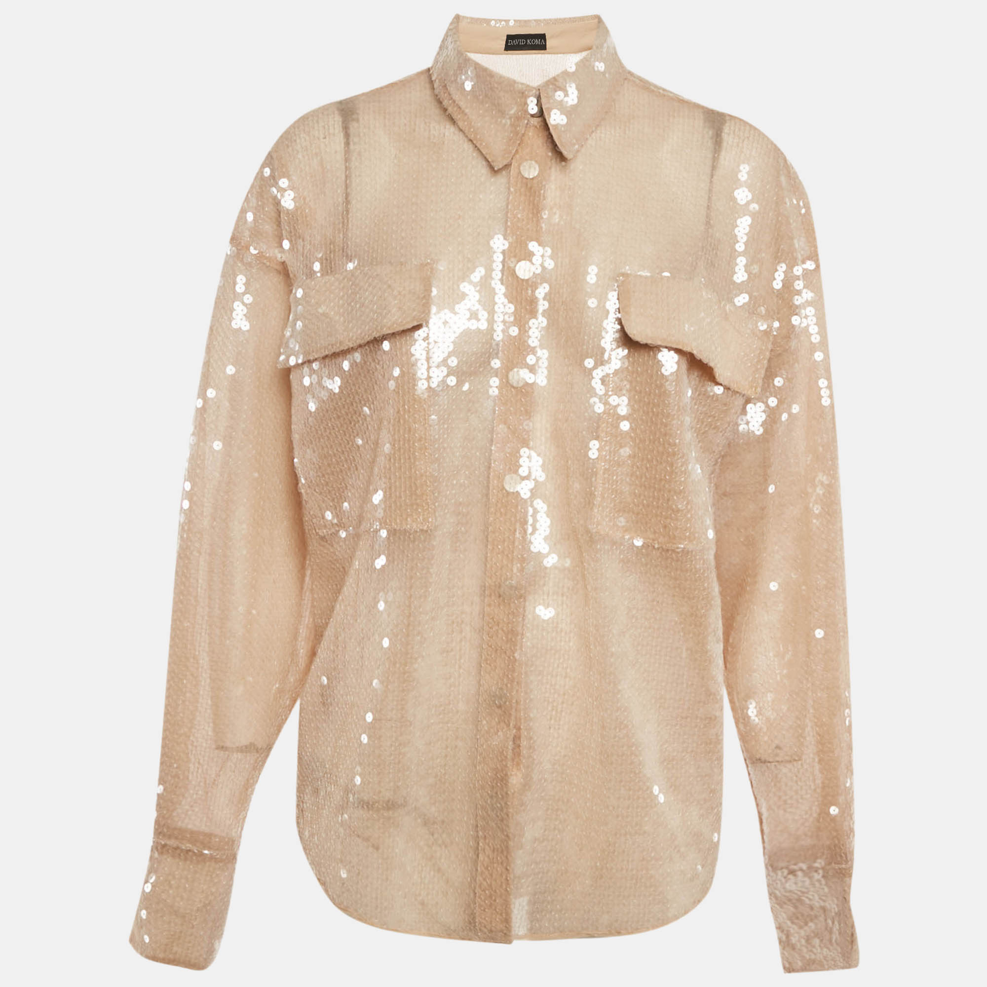 David Koma Beige Sequin Sheer Oversized Shirt S