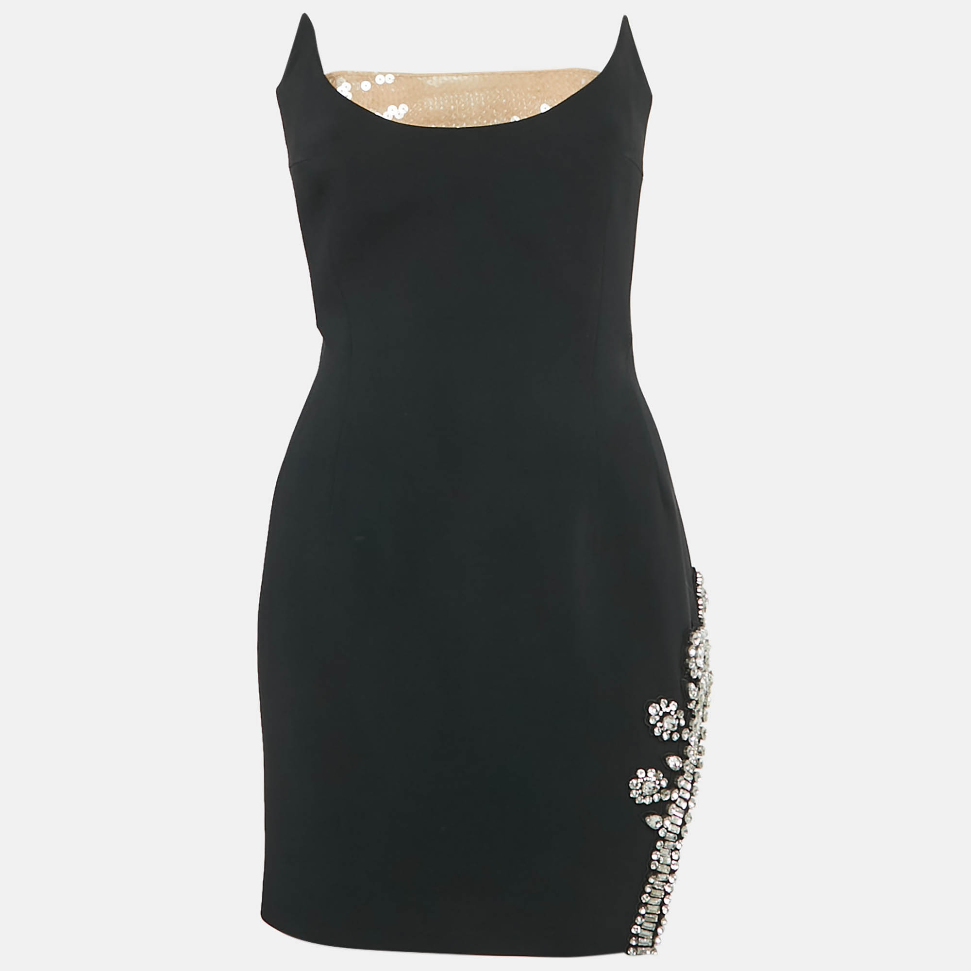 Pre-owned David Koma Black Rhinestone Studded Crepe Strapless Mini Dress L