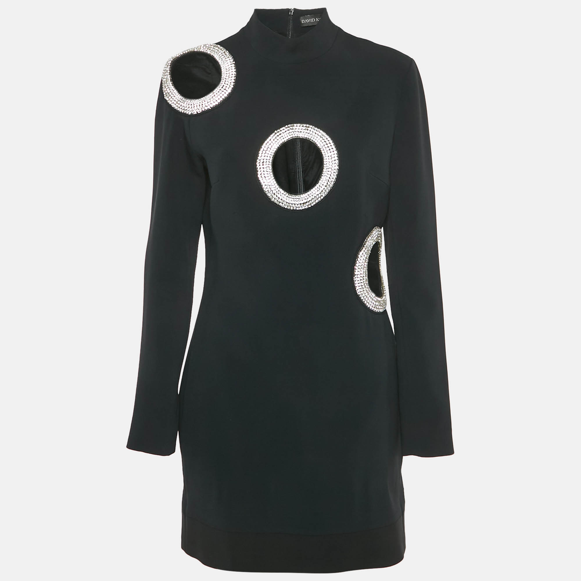 Pre-owned David Koma Black Crystal Embellished Crepe Cut-out Mini Dress L