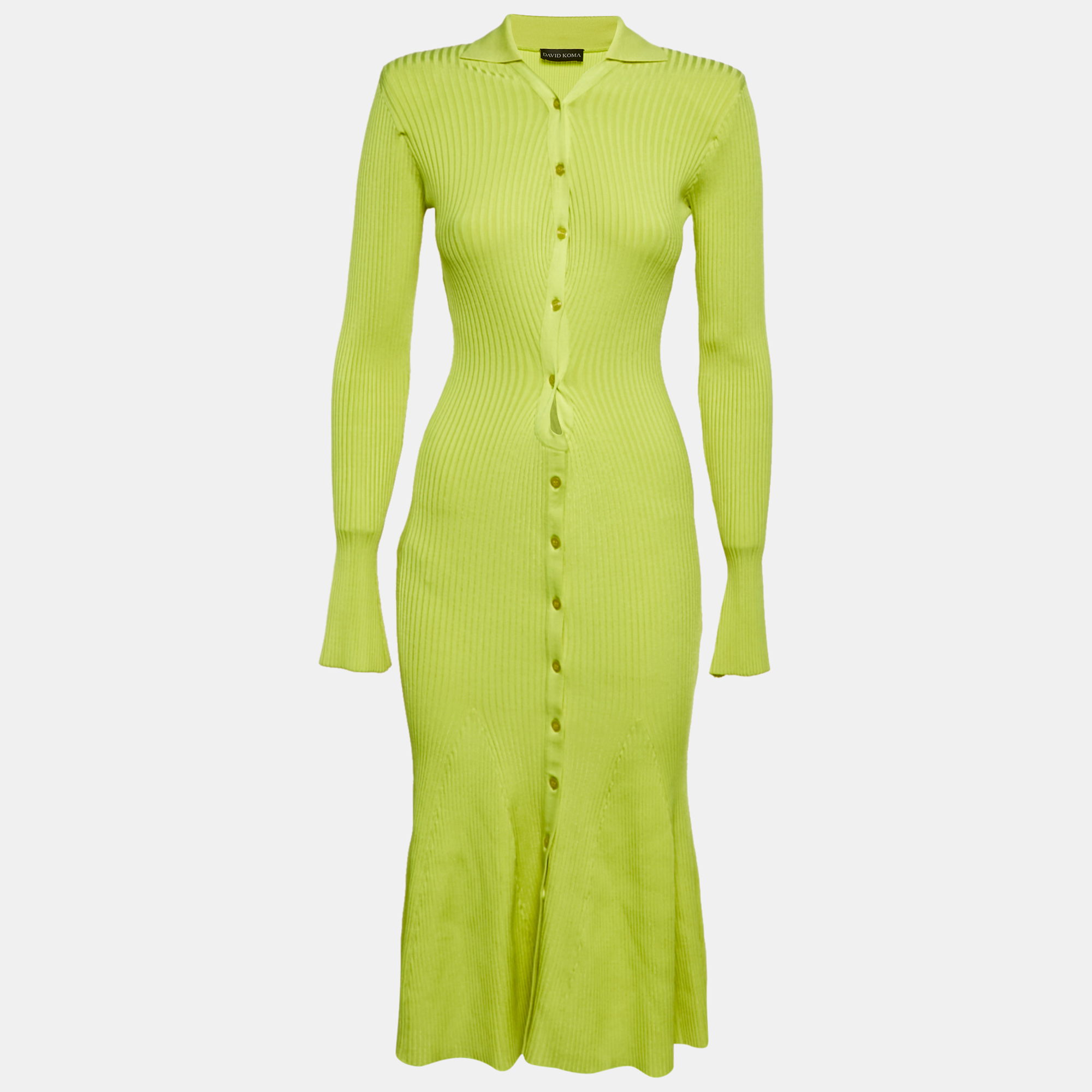 

David Koma Neon Green Rib Knit Midi Cut-Out Midi Dress M