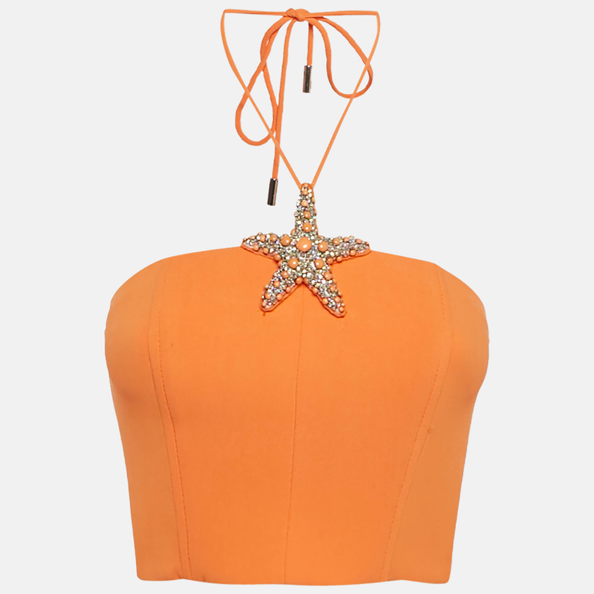 

David Koma Orange Crepe Strafish Detail Corset Crop Top S