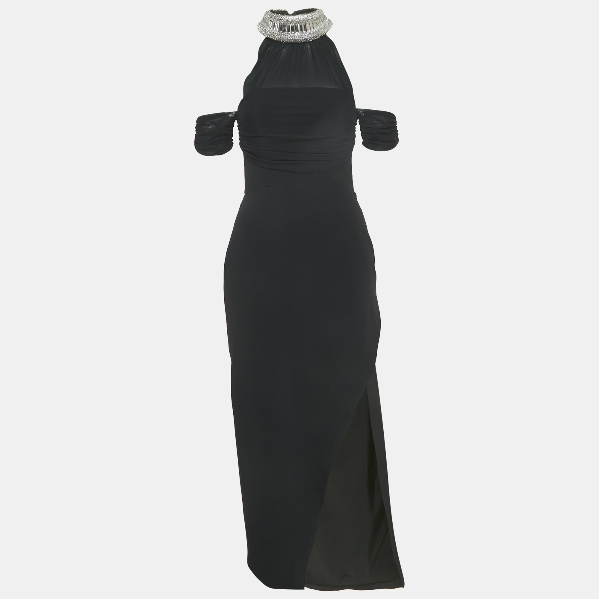 

David Koma Black Crepe Embellished Neck Dress S