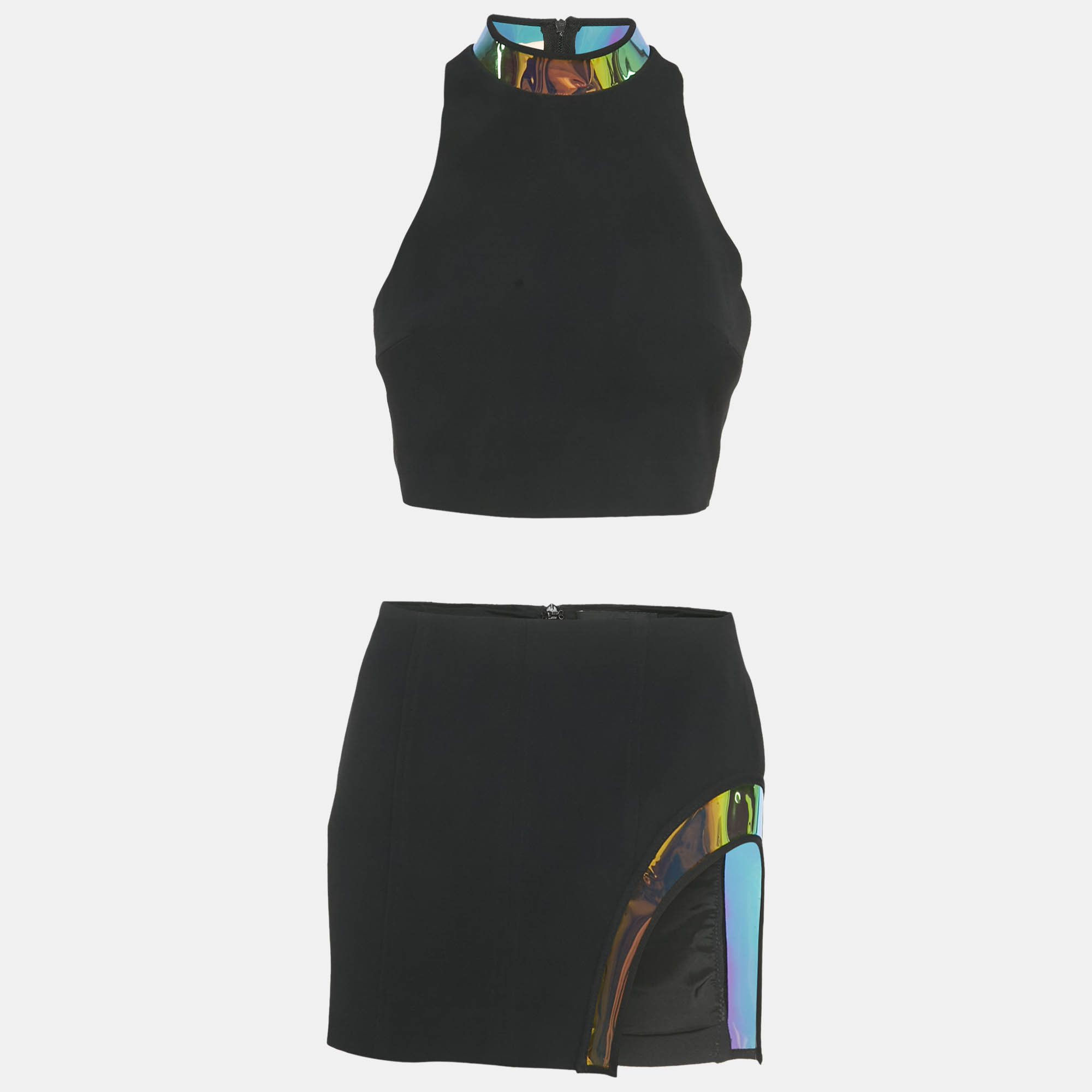

David Koma Black Hologram Vinyl Trim Crepe Set S