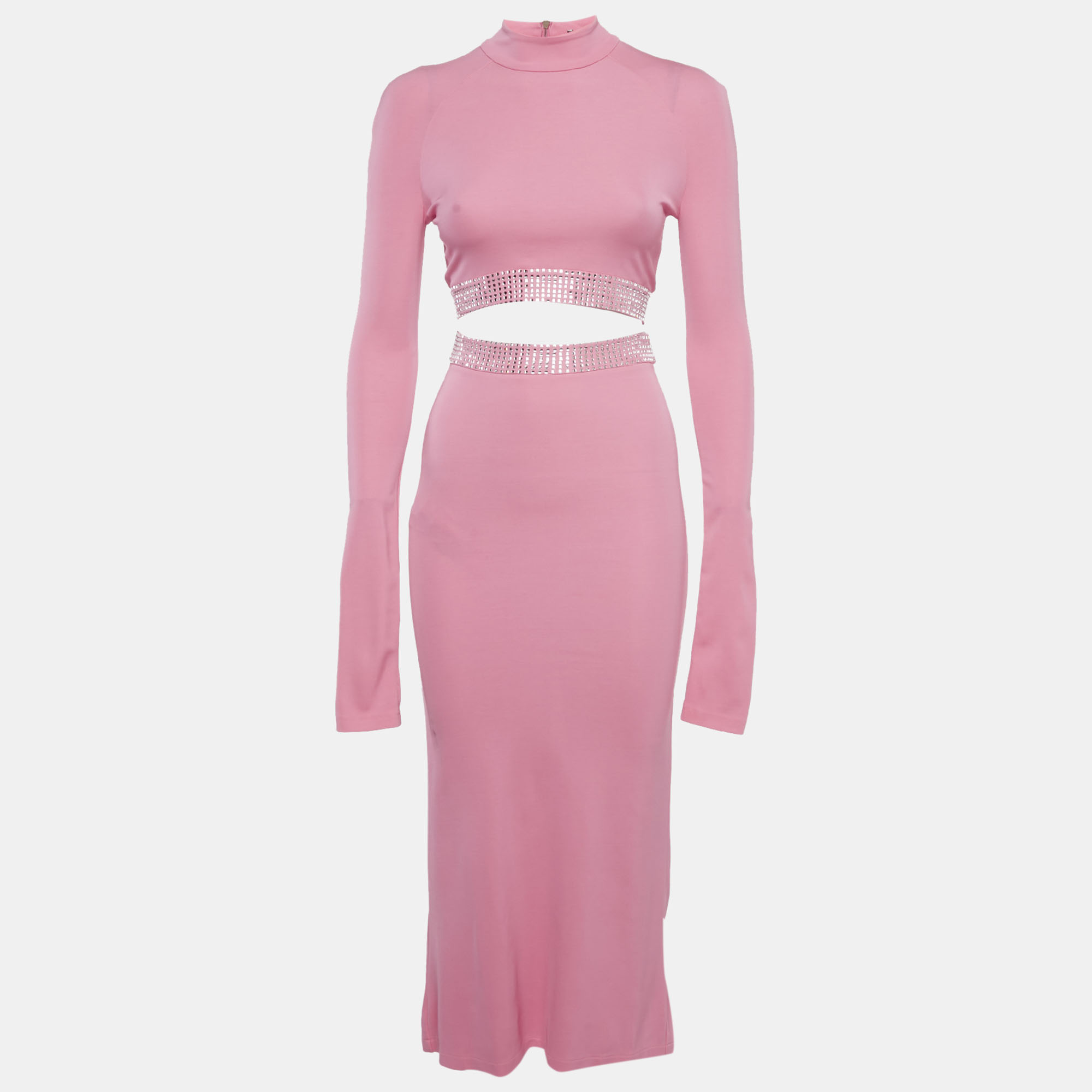 

David Koma Pink Crystal Embellished Jersey Top and Skirt Set XS