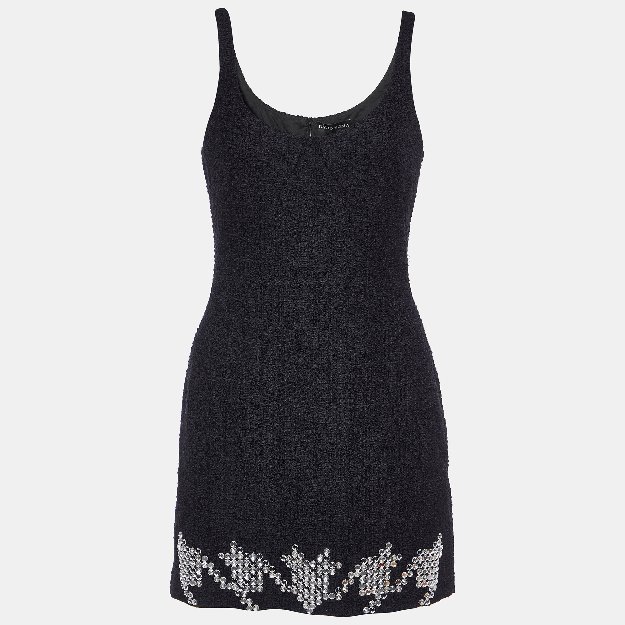 

David Koma Black Tweed Houndstooth Crystal Embellished Mini Dress M