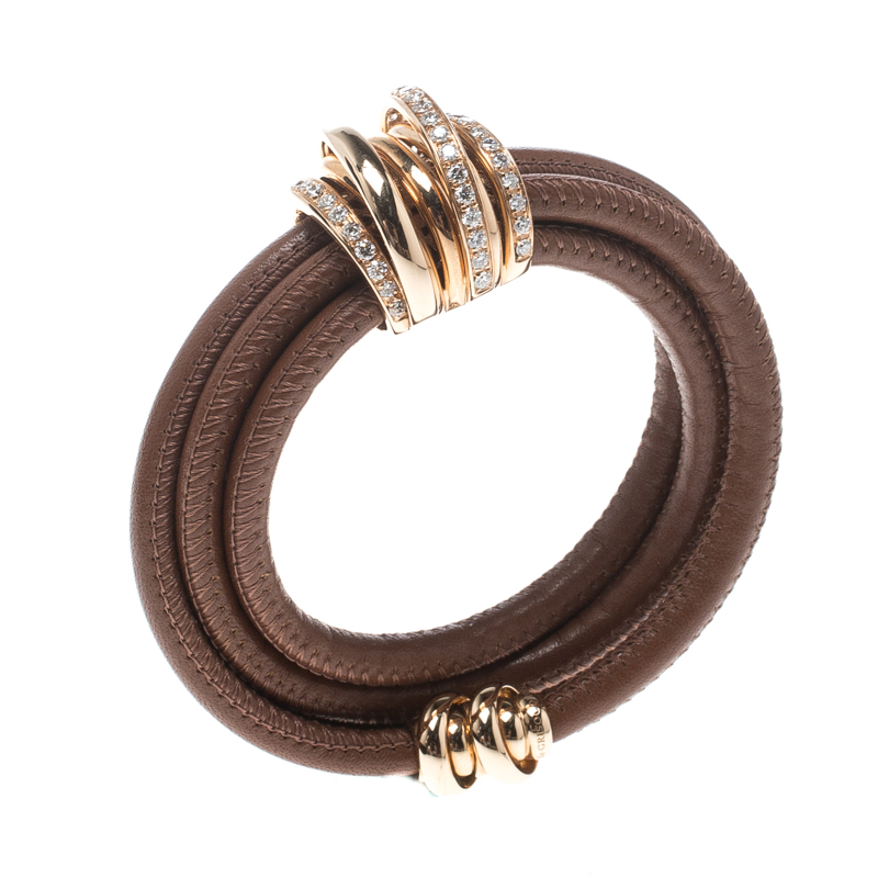 

De Grisogono Allegra Diamond & 18k Rose Gold Brown Leather Wrap Bracelet