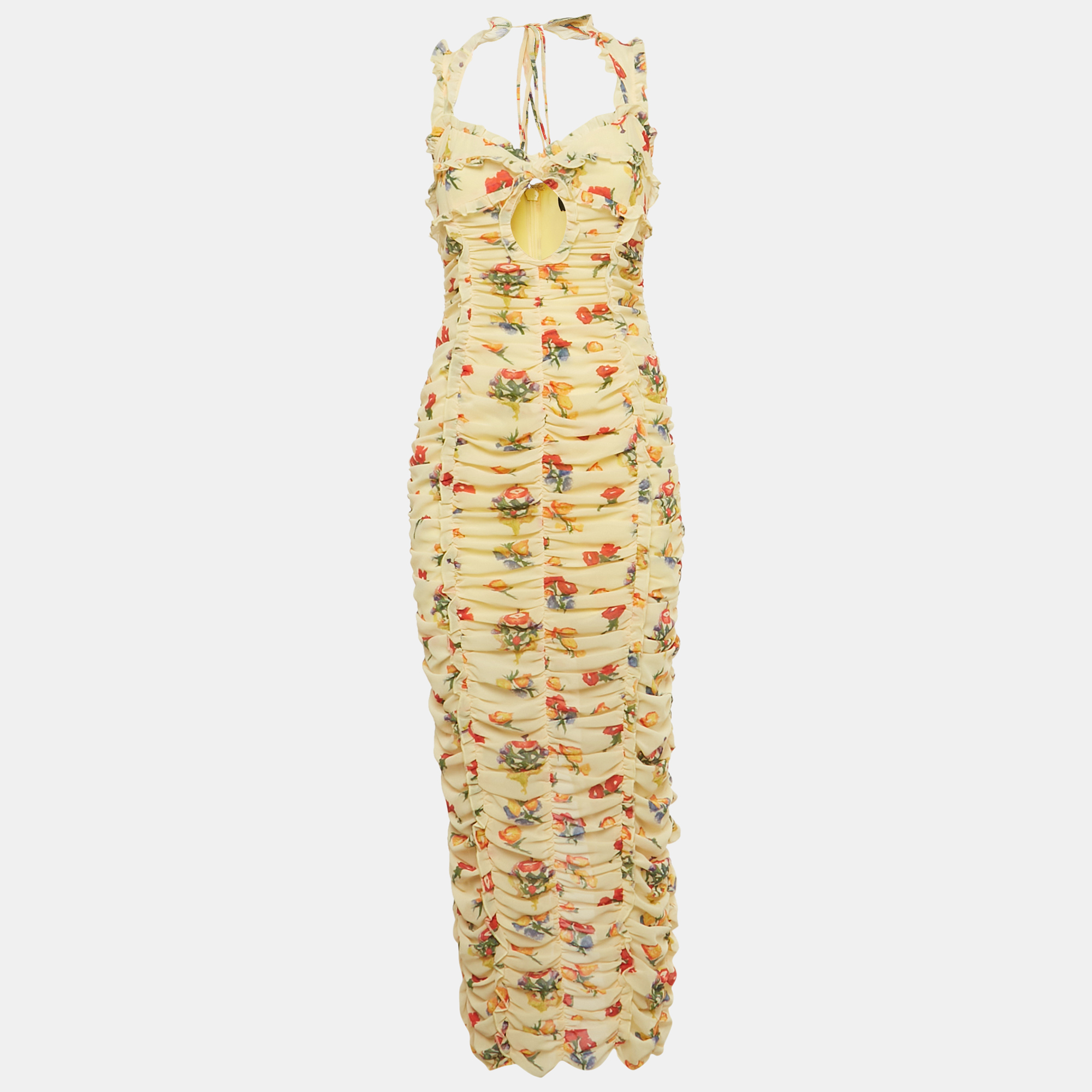 Pre-owned De La Valli De La Vali Dress Yellow Floral Print Crepe Ruched Maxi Dress M