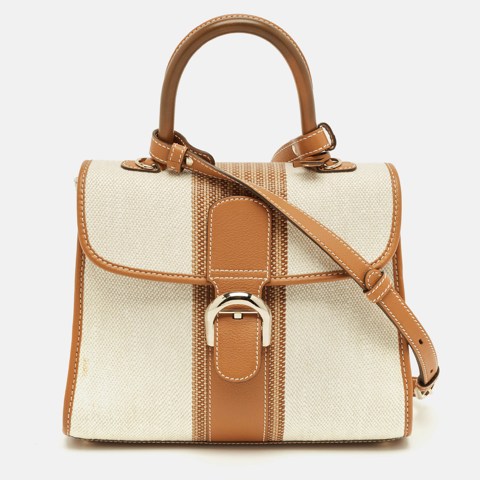 

Delvaux Brown/Beige Leather and Raffia Brillant Top Handle Bag