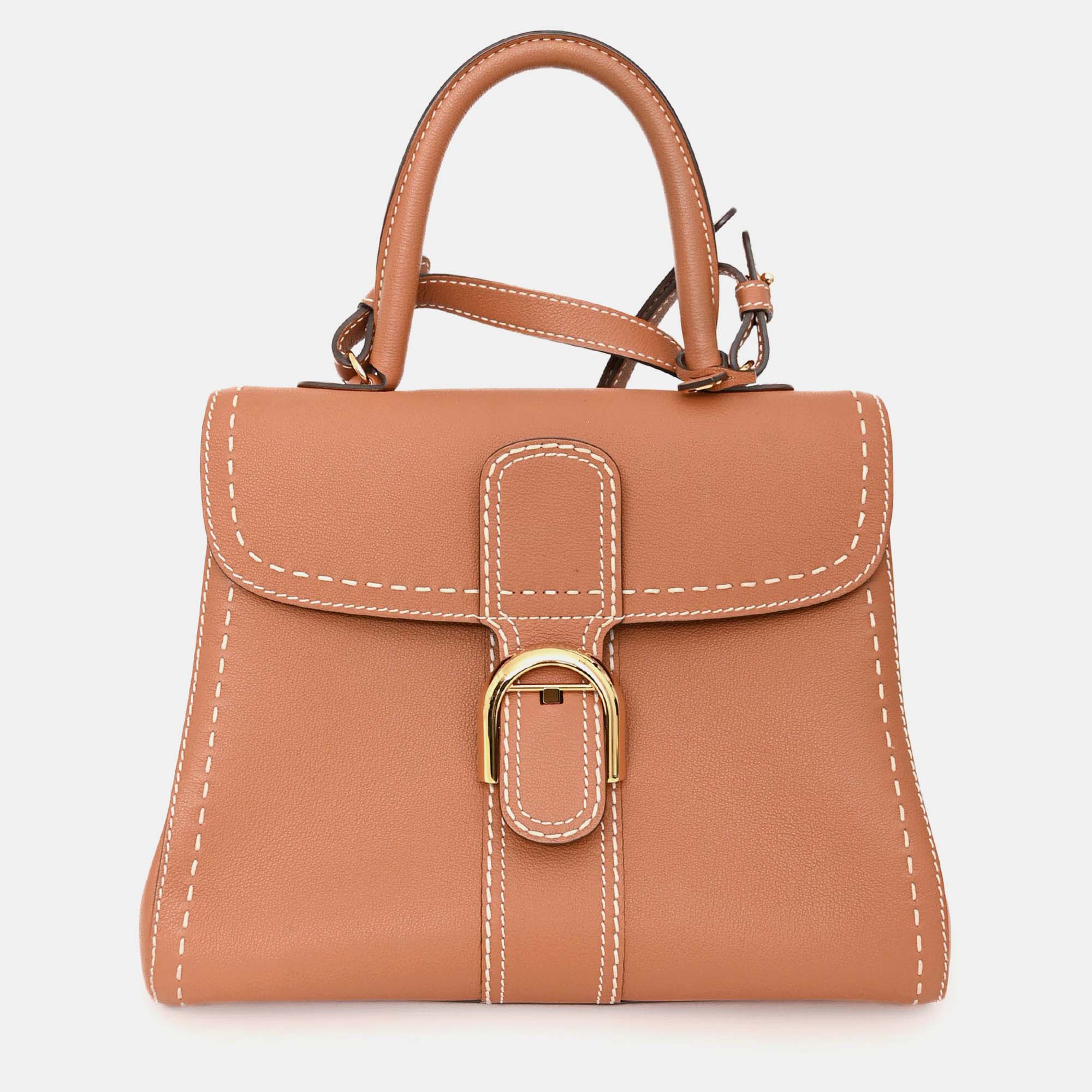 Pre-owned Delvaux Brown Leather Stitch Detail Le Brilliant Mm Top Handle Gold Hardware With Strap