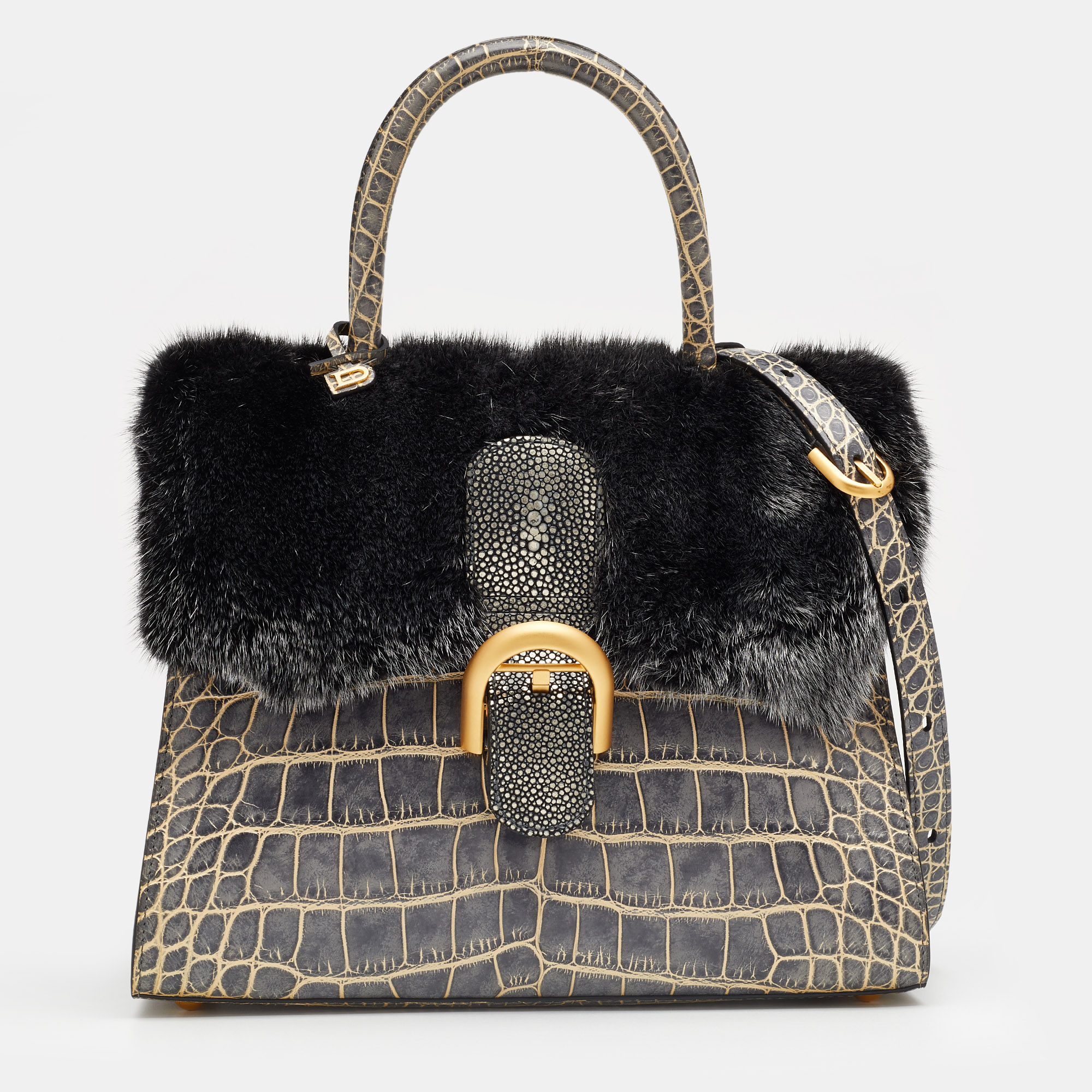 Pre-owned Delvaux Multicolor Mixed Exotic Skin And Fur Le Brillant Mm Top Handle Bag