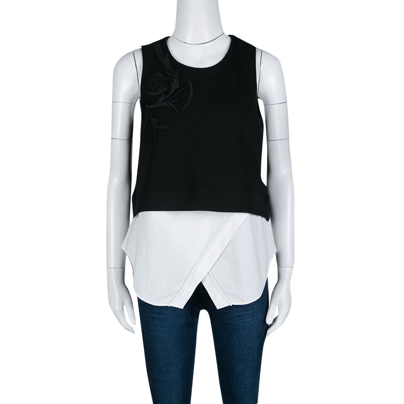 

Derek Lam Monochrome Embroidered Ribbed Knit Sleeveless Layered Top, Black