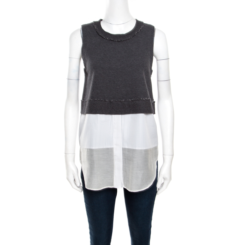 

10 Crosby Derek Lam Grey and White Knit Striped Layered Sleeveless Blouse