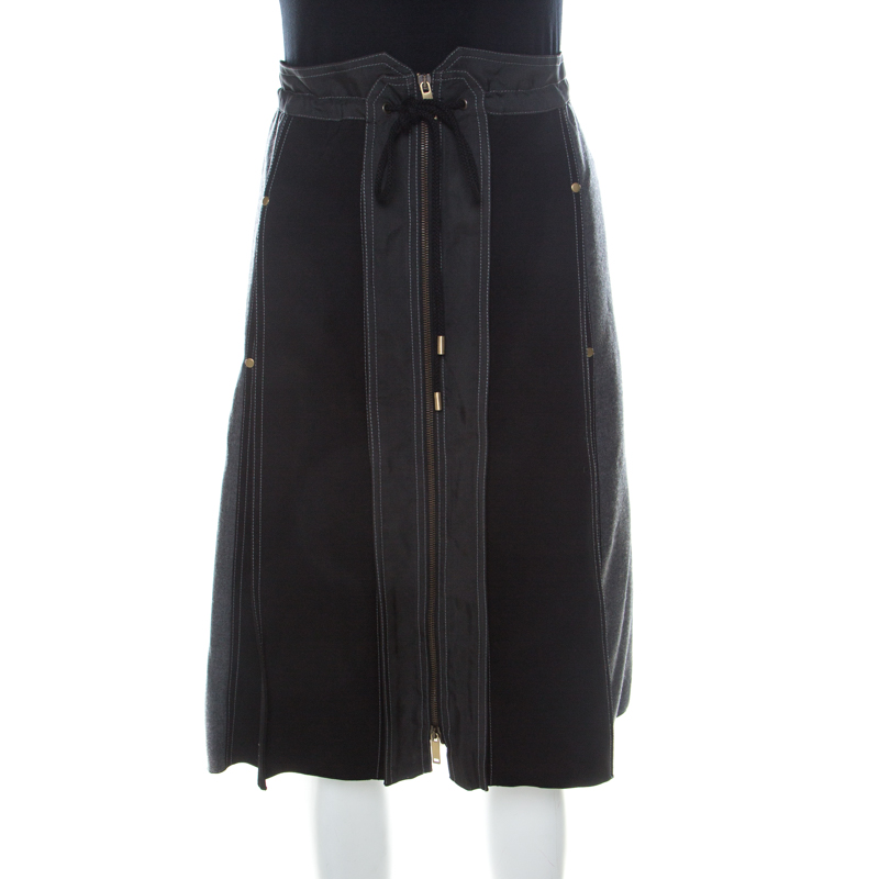 

Derek Lam Grey & Black Silk Blend & Wool Front Zip Paneled Skirt