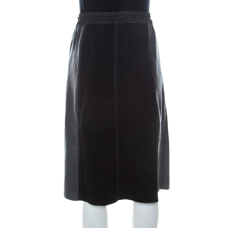 Pre-owned Derek Lam Grey & Black Silk Blend & Wool Front Zip Paneled Skirt L