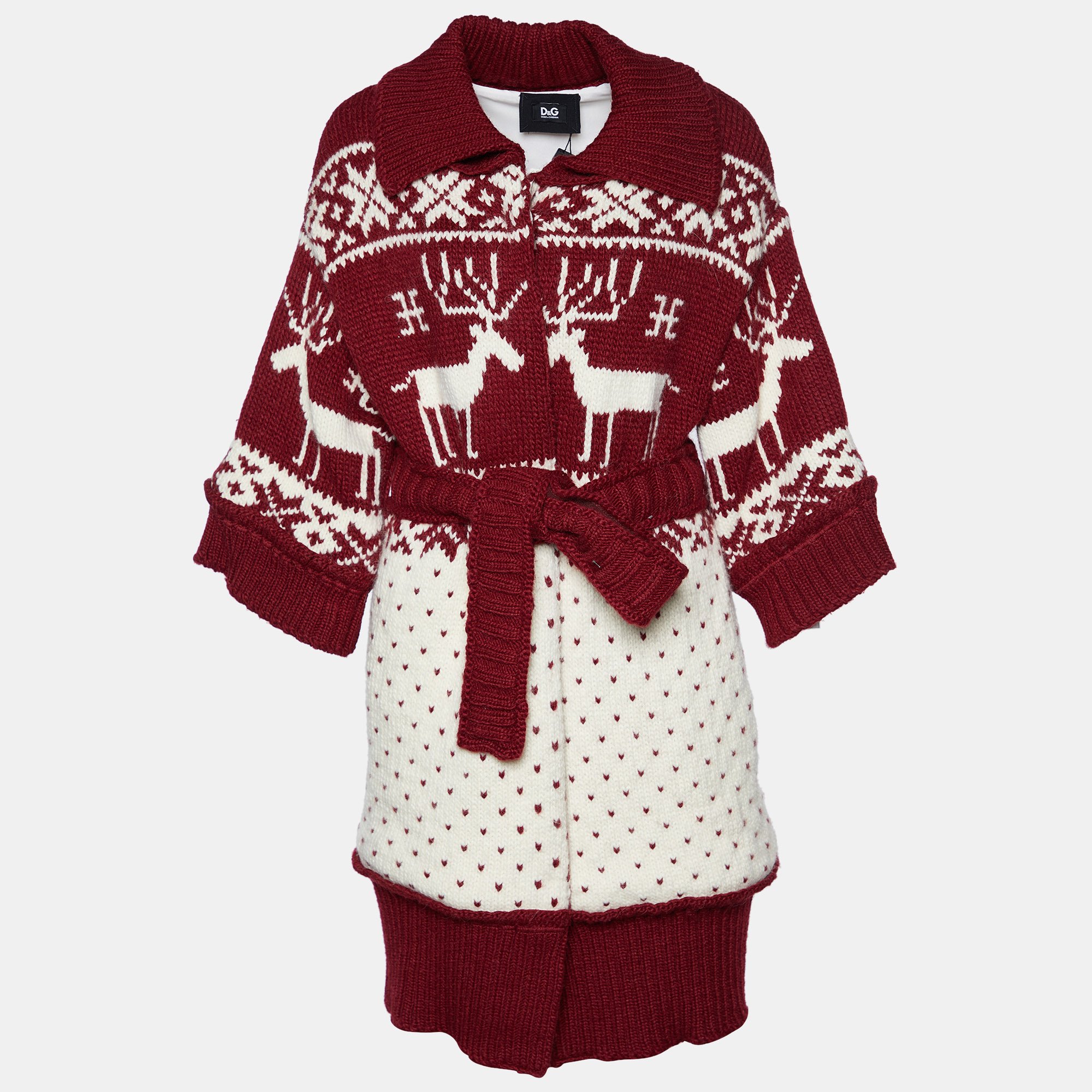 D&G Red Wool Intarsia Belted Mid Length Coat M
