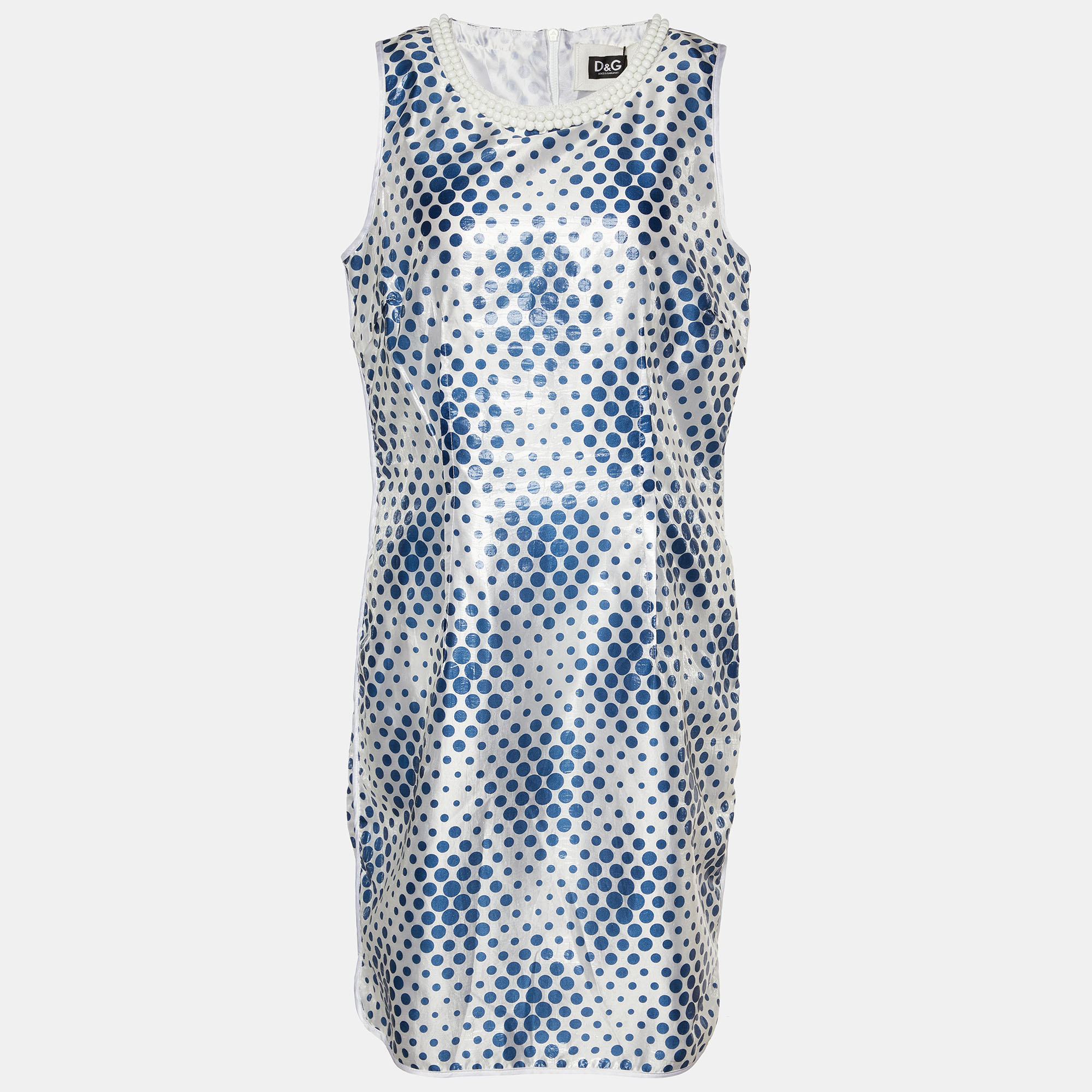 Pre-owned D & G White & Blue Dot Printed Silk Blend Sleeveless Midi Dress L