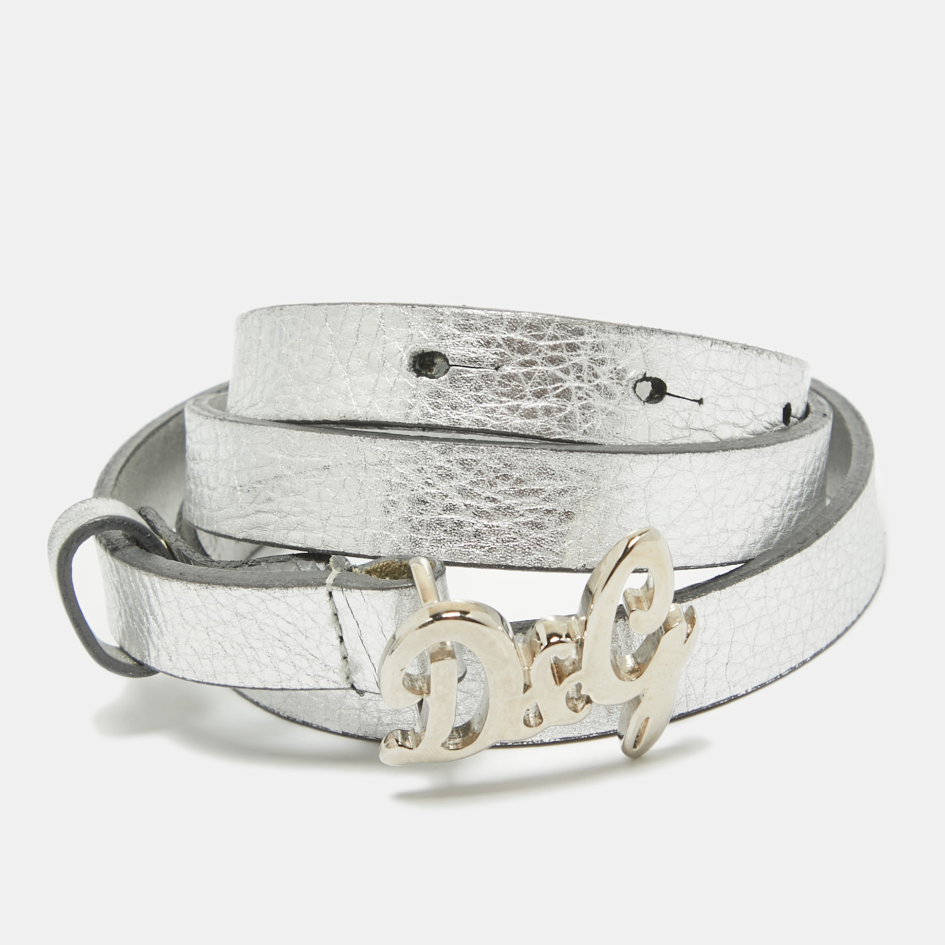 

D&G Silver Leather DG Logo Slim Buckle Belt 95CM