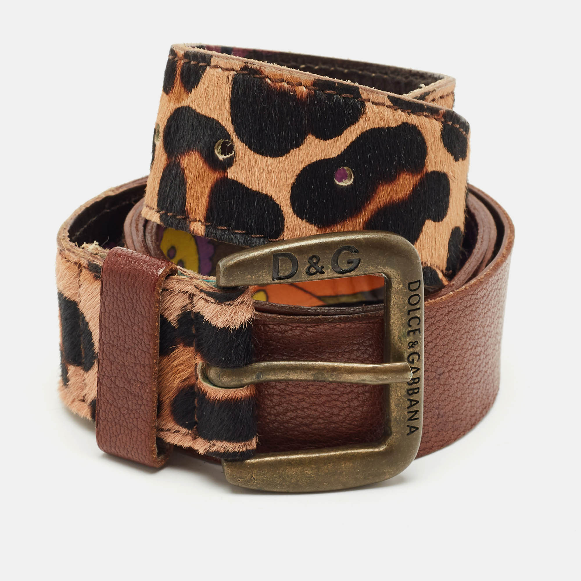 

D&Ga Brown Calfhair and Leather Buckle Belt 85CM