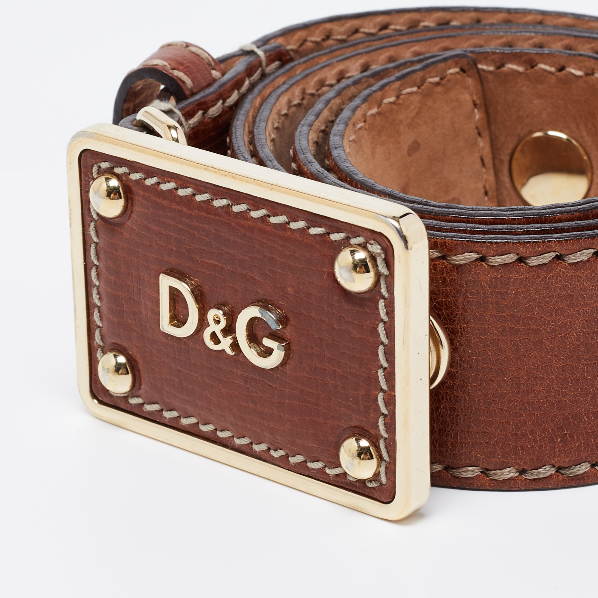 

D&G Brown Leather Logo Plaque Buckle Belt