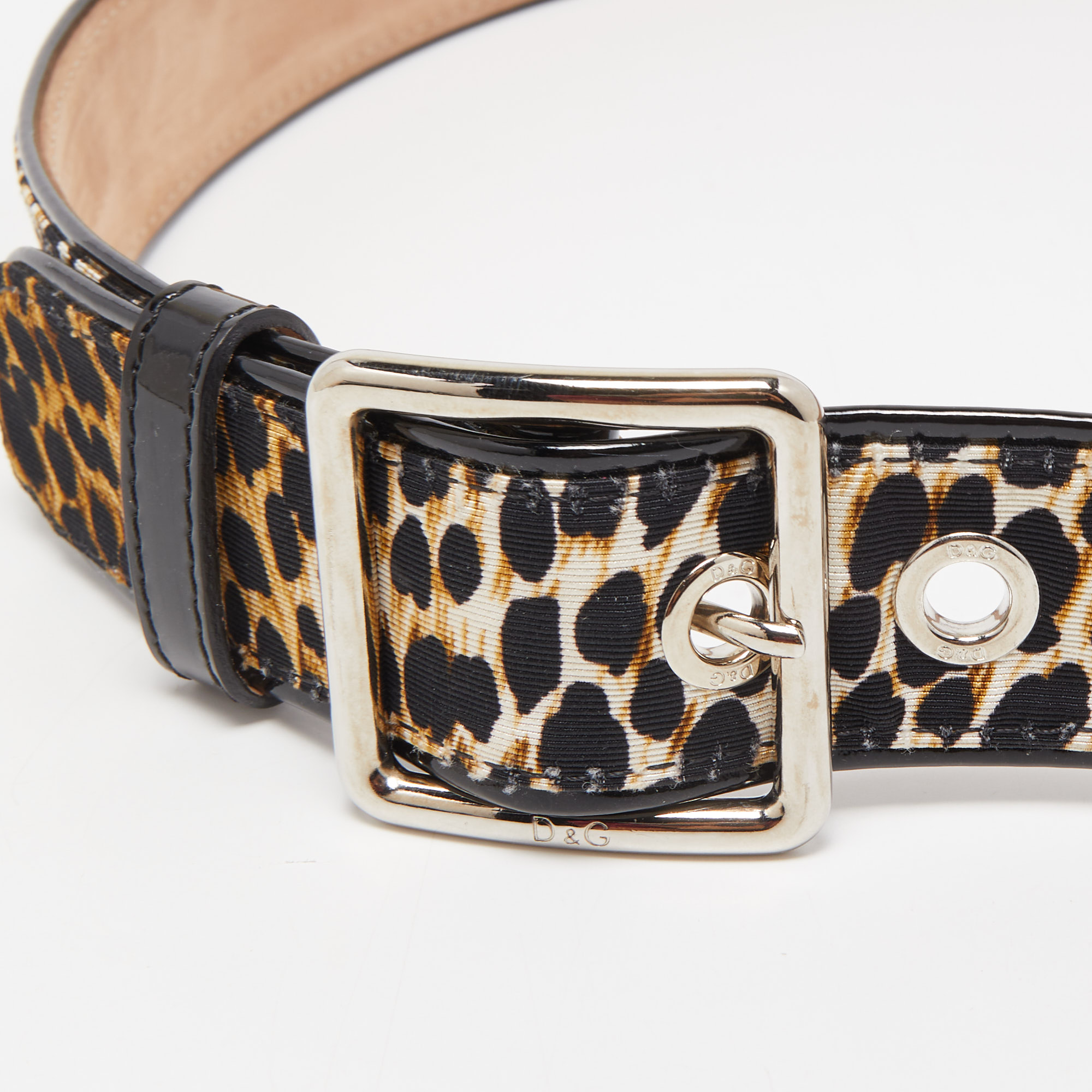 

D&G Black/Brown Leopard Print Fabric and Patent Leather Buckle Belt