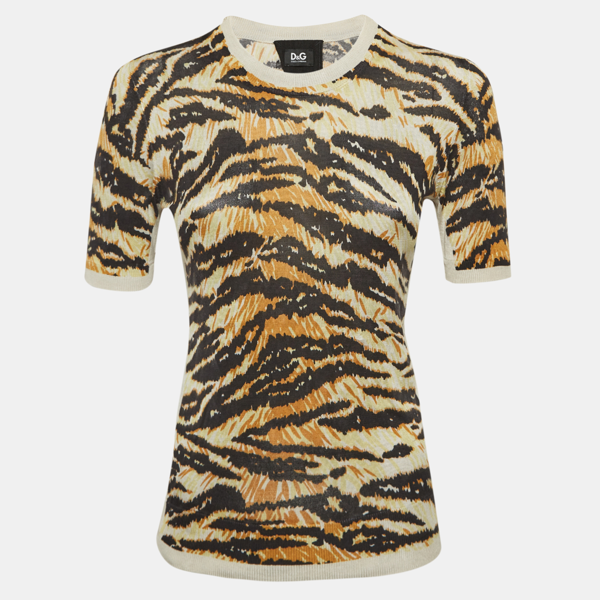 

D&G Brown Tiger Pattern Cotton Knit T-Shirt S