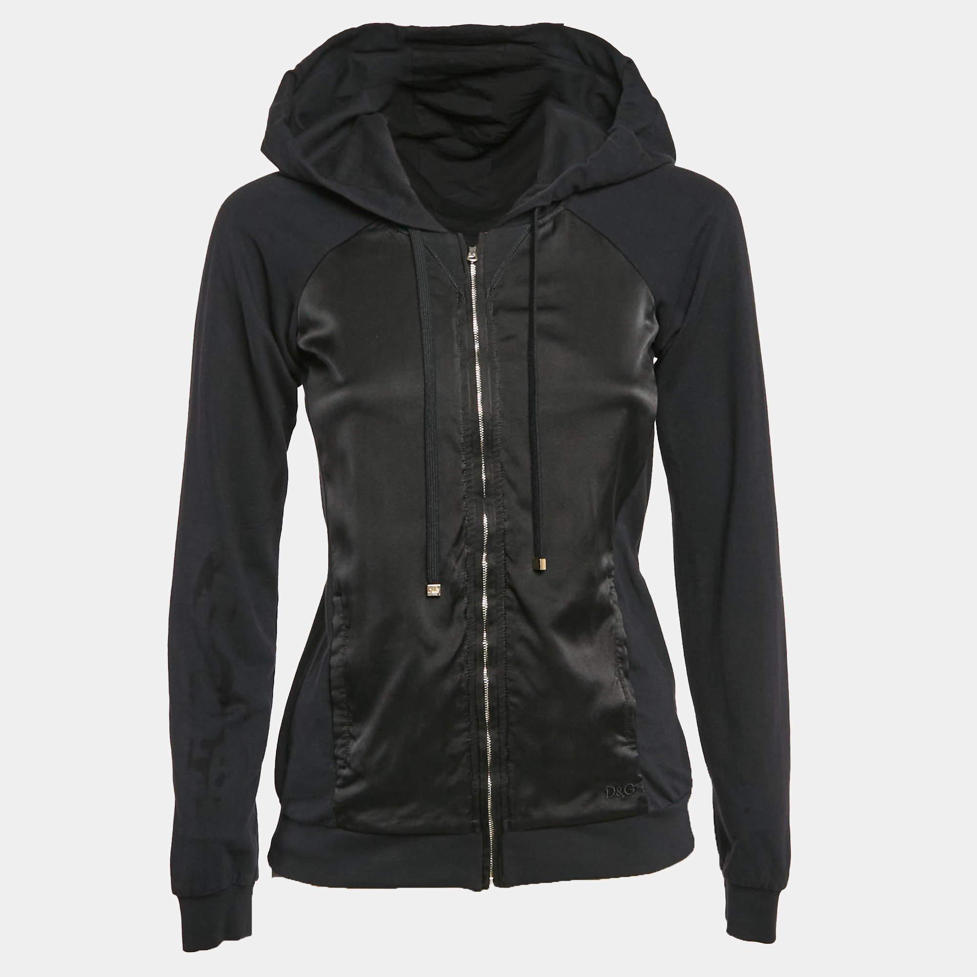 

D&G Black Satin and Cotton Knit Zip-Up Jacket S