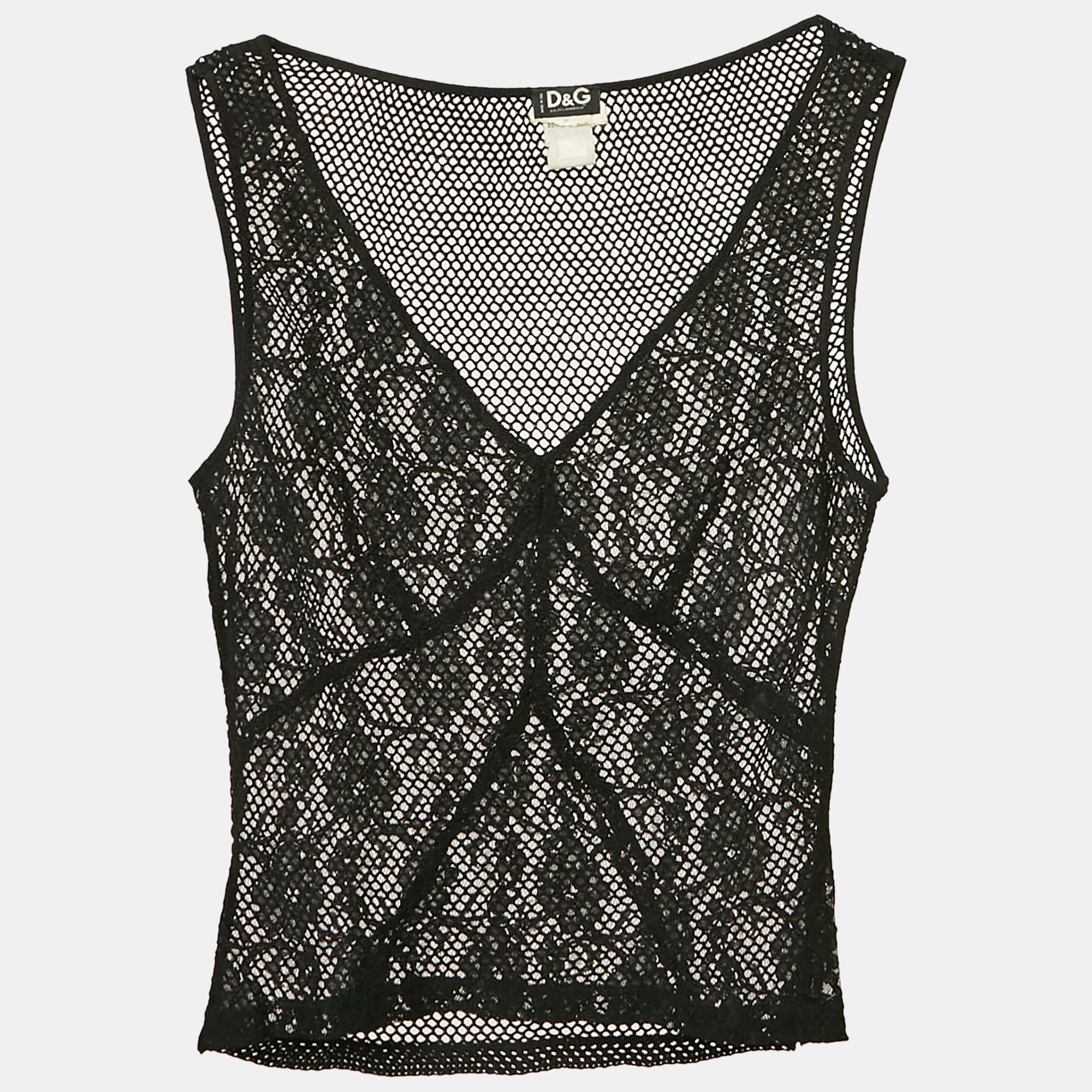 

D&G Black Lace and Mesh V-Neck Sheer Tank Top S