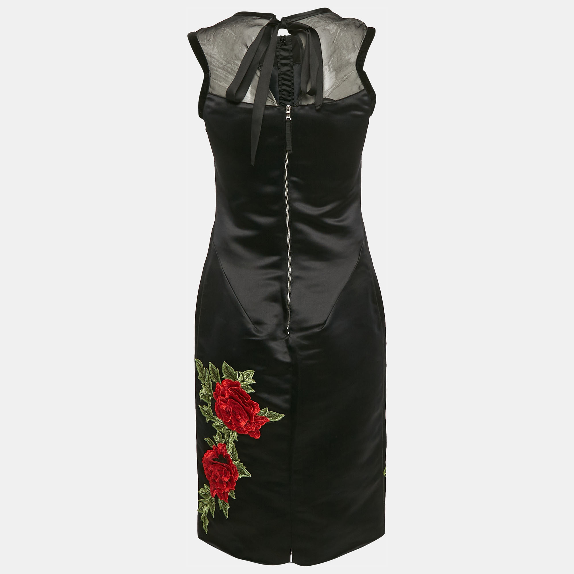 D&G Black Floral Applique Satin Beaded Sleeveless Short Dress S 