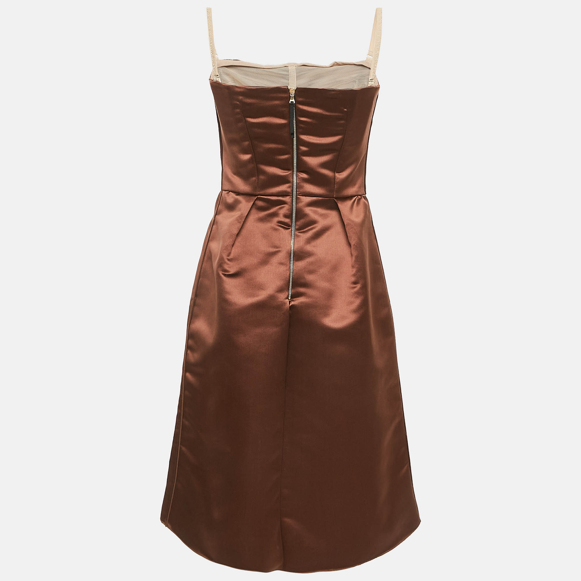 D&G Brown Satin Pleated Detail Mini Dress M 
