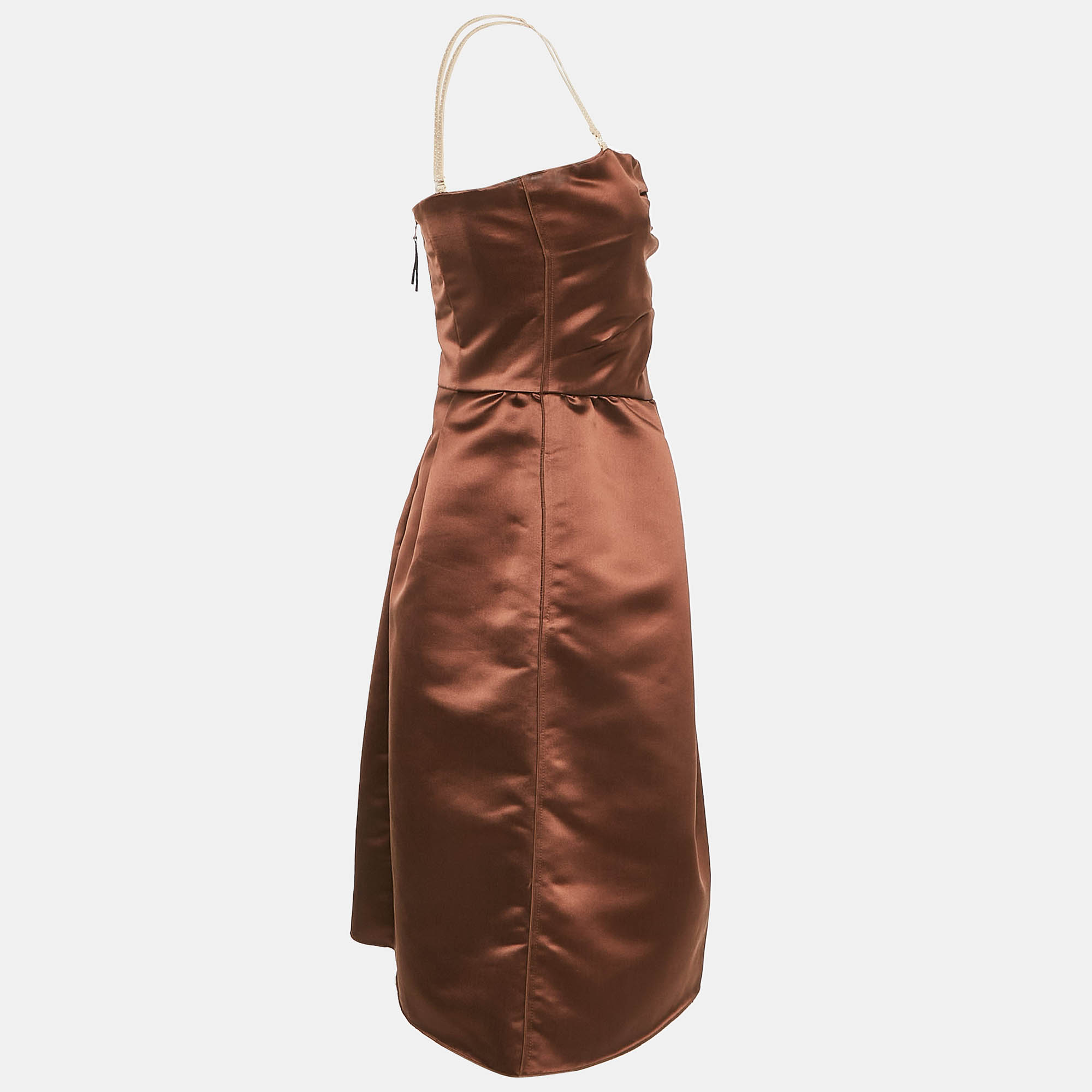 D&G Brown Satin Pleated Detail Mini Dress M 