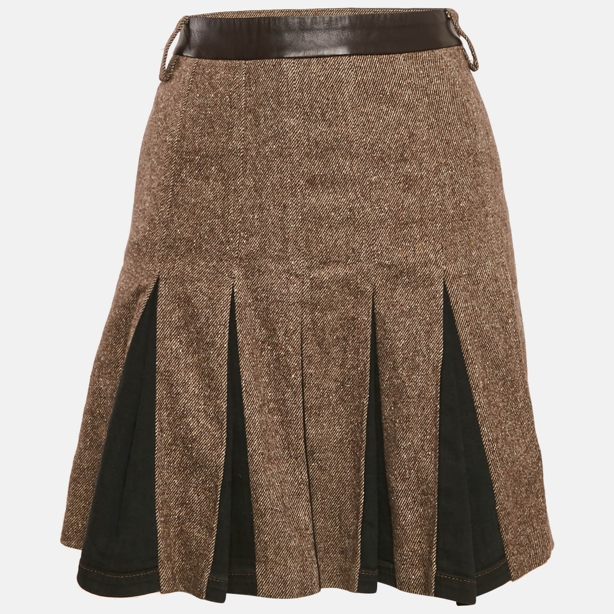 

D&G Brown Wool and Leather Trim Pleated Mini Skirt S