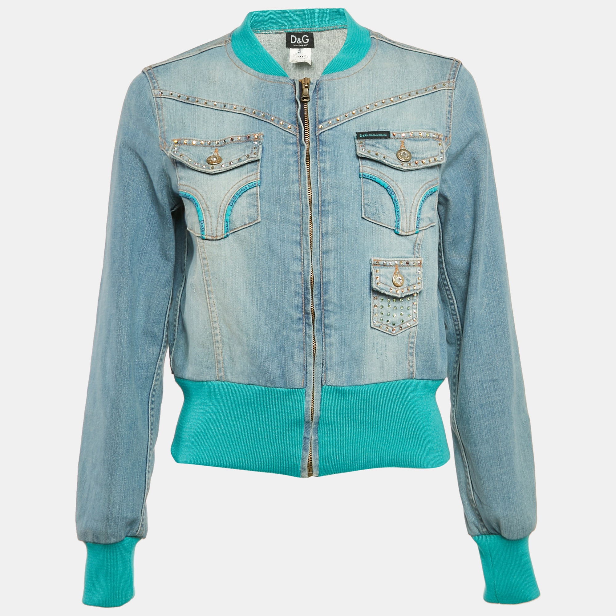 

D&G Blue Crystal Embellished Denim Ribbed Trim Jacket S