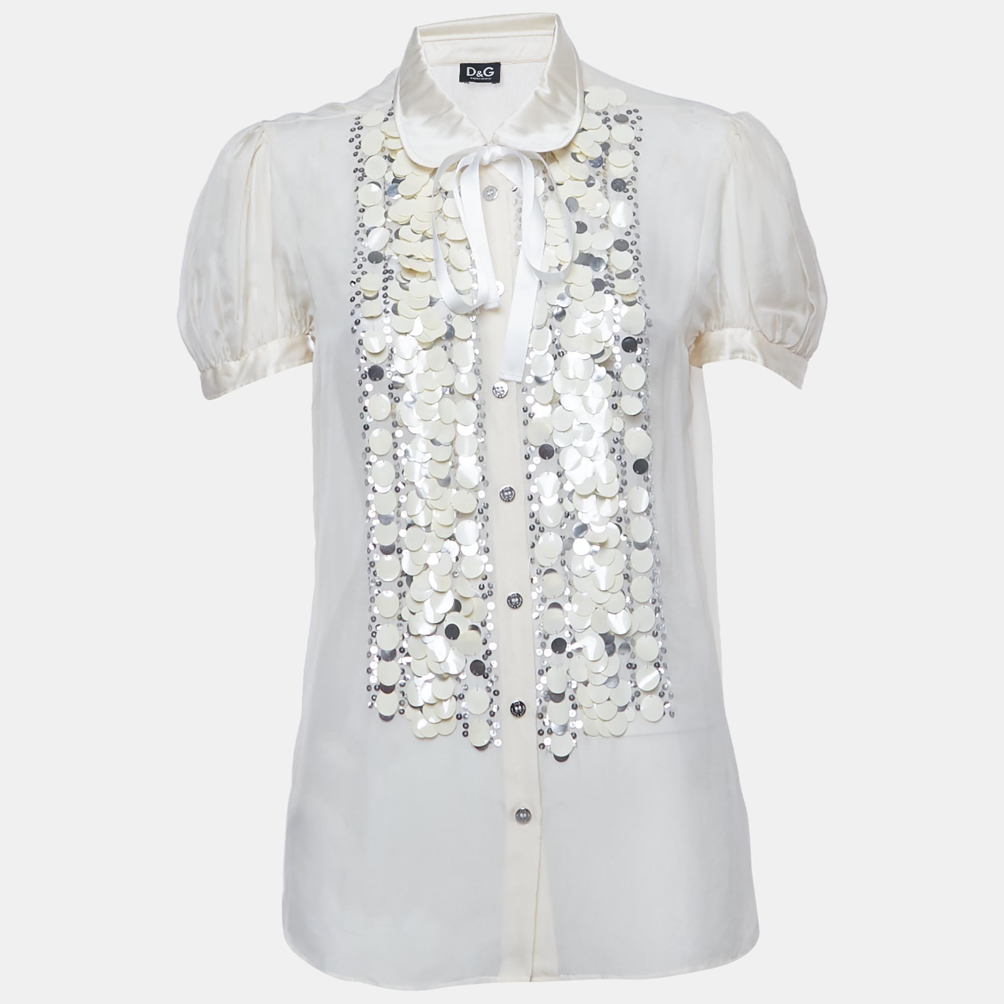 Pre-owned D & G Beige Sequin Embroidered Silk Shirt L In Sand