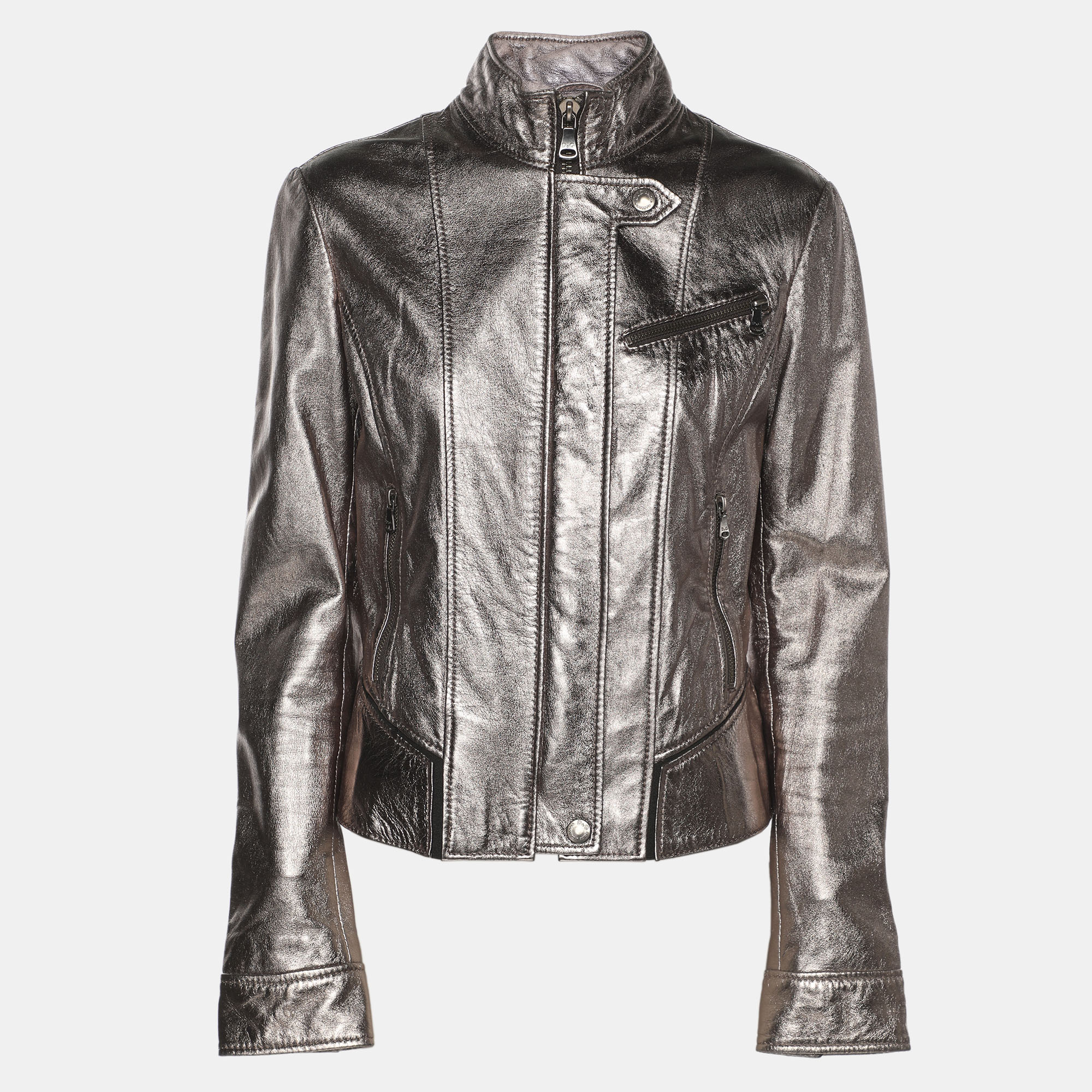 Pre-owned D & G Metallic Silver Leather Zipped Jacket M