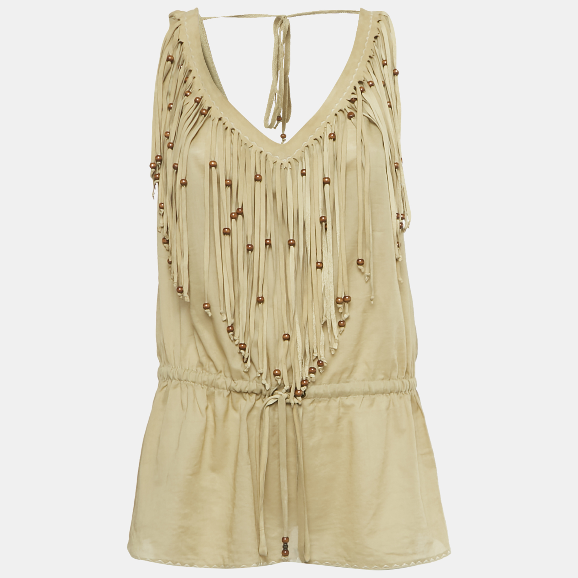 

D&G Khaki Cotton & Suede Fringe Detail Sleeveless Top M, Brown