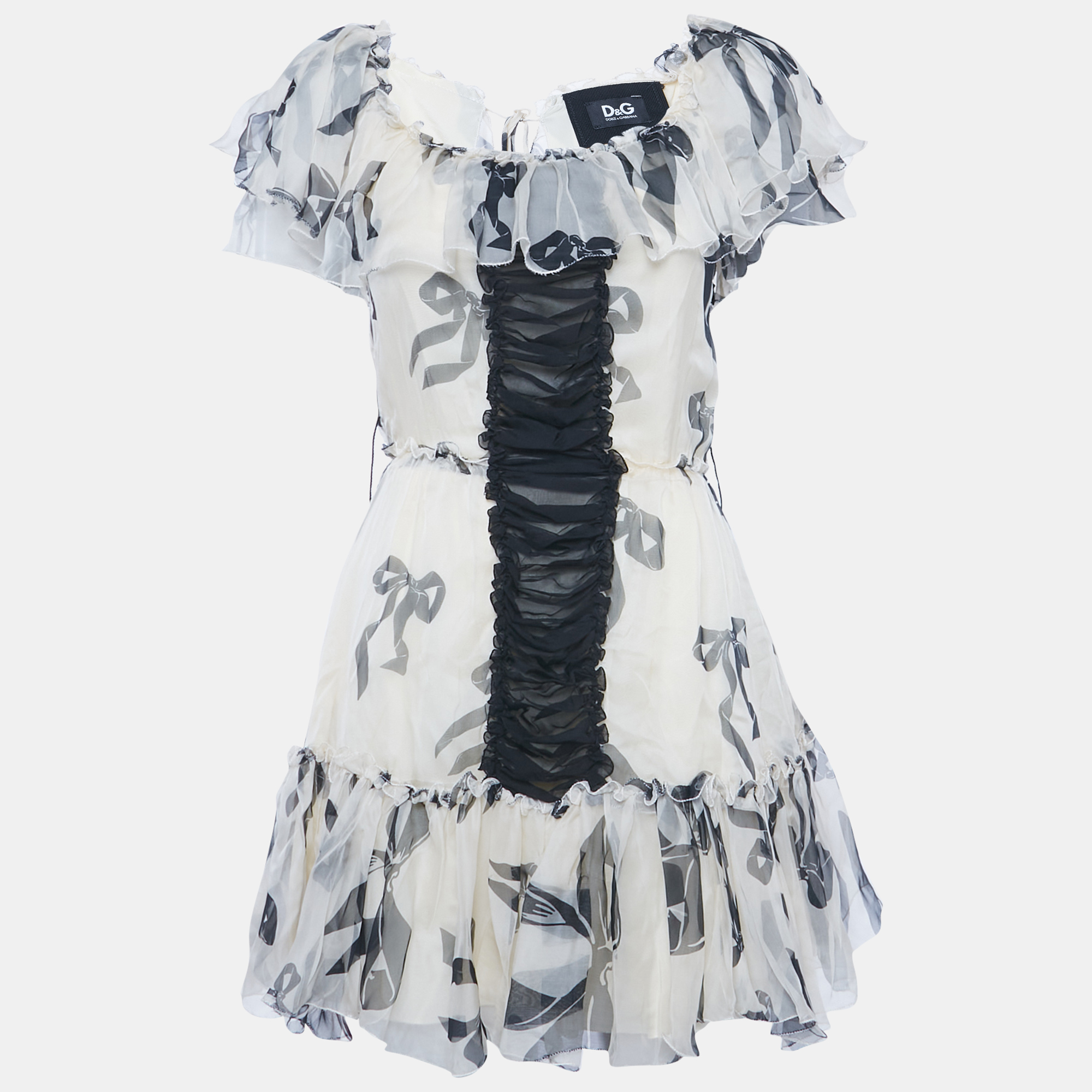 

D&G Cream Bow Print Silk Ruffle Mini Dress S