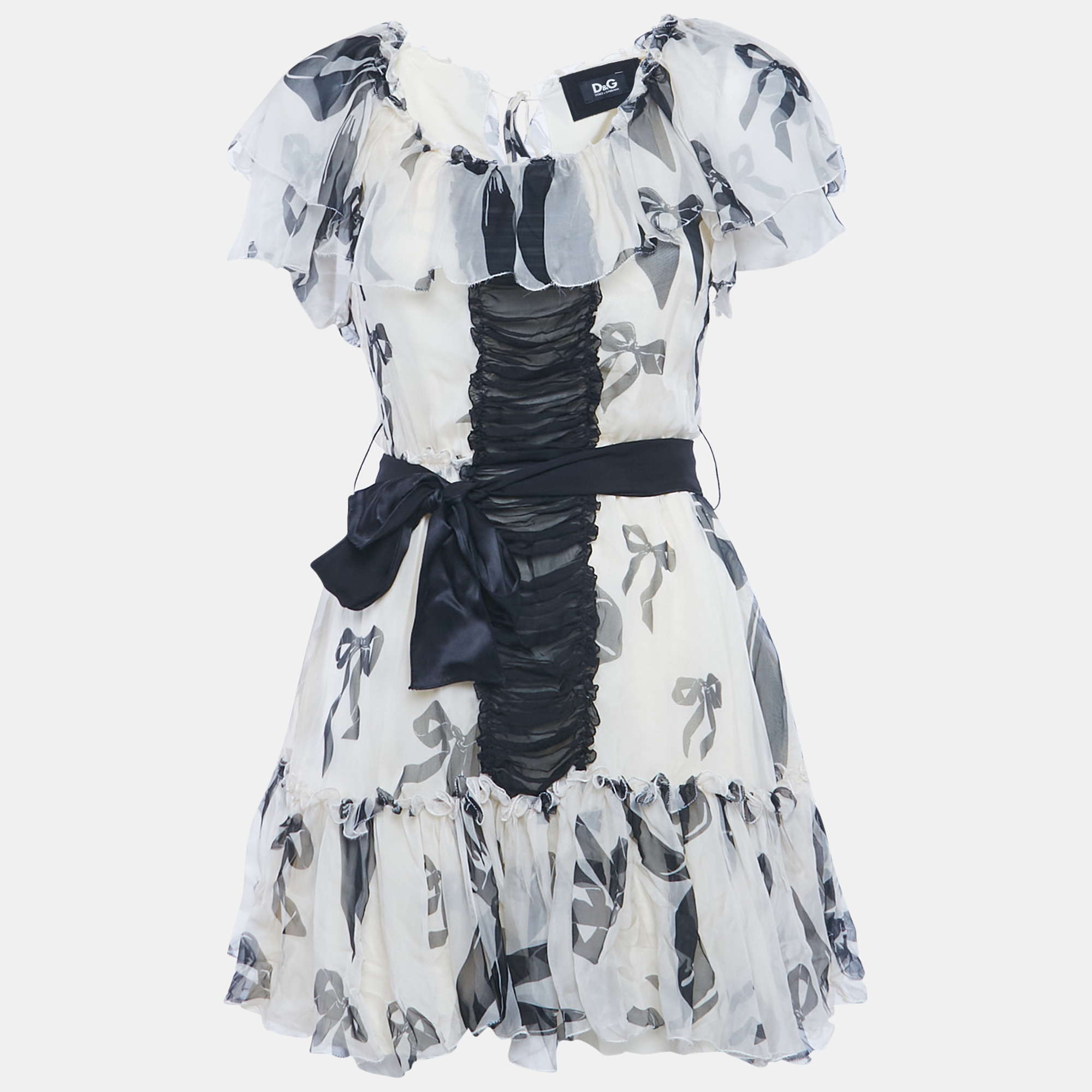 

D&G Cream Bow Print Silk Ruffle Mini Dress M