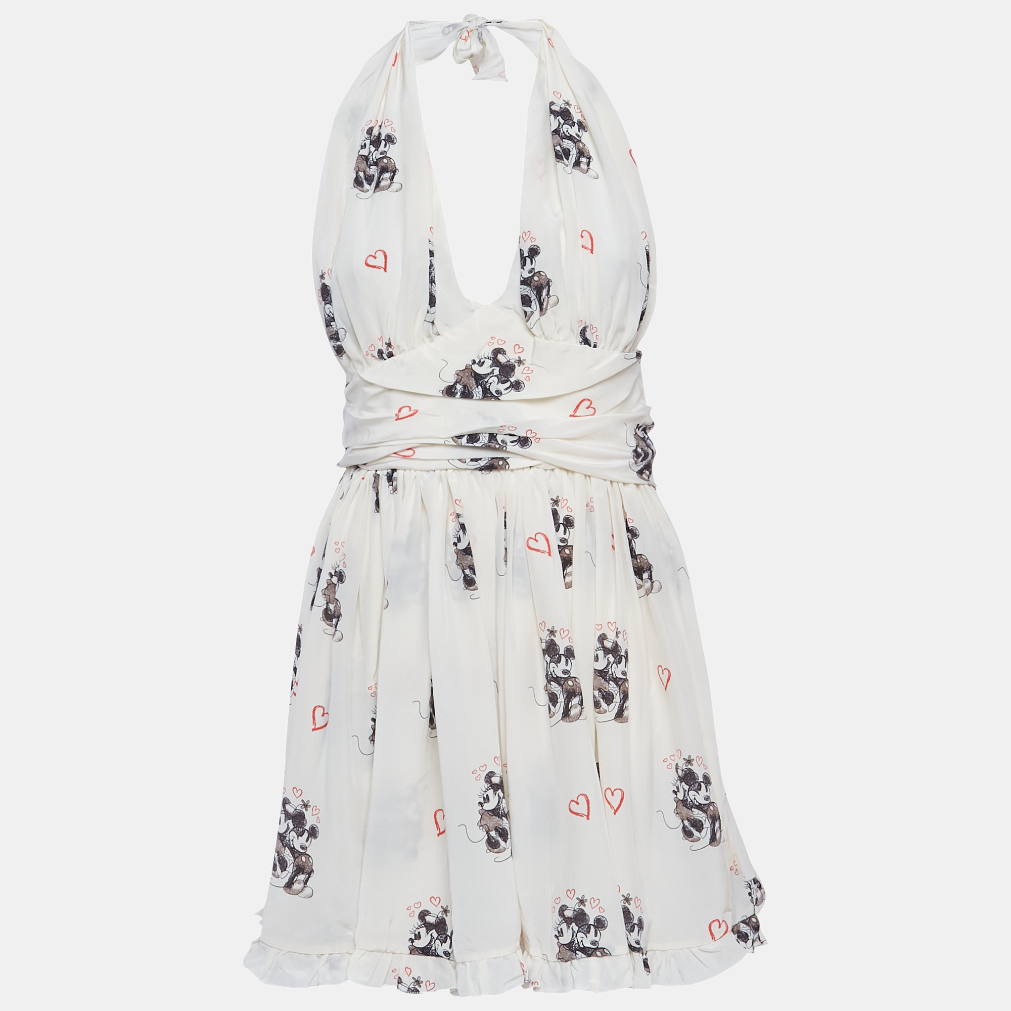 

D&G Cream Mickey And Minnie Mouse Print Silk Halter Neck Dress S