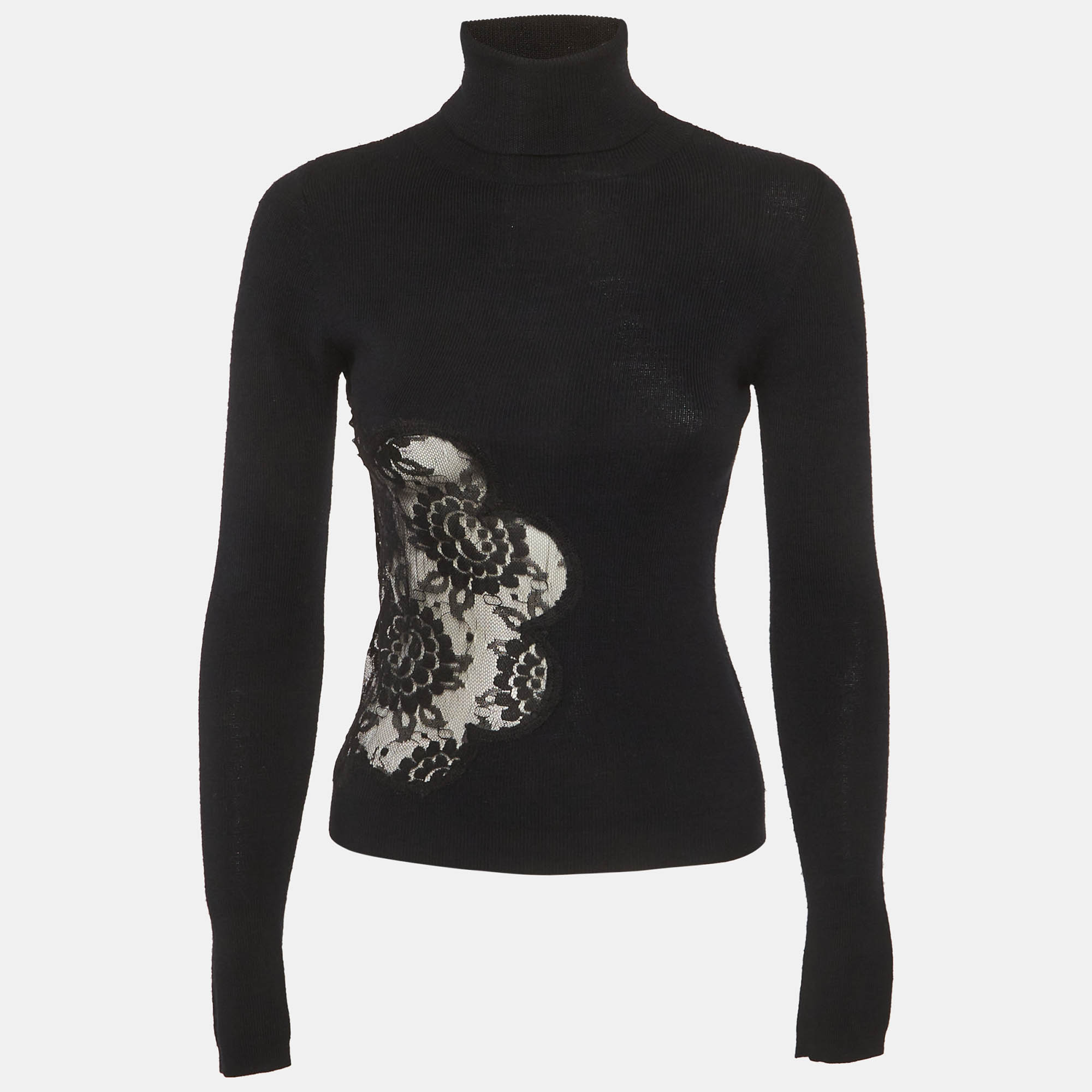 

D&G Black Sheer Lace Trim Wool Turtle Neck Sweater M