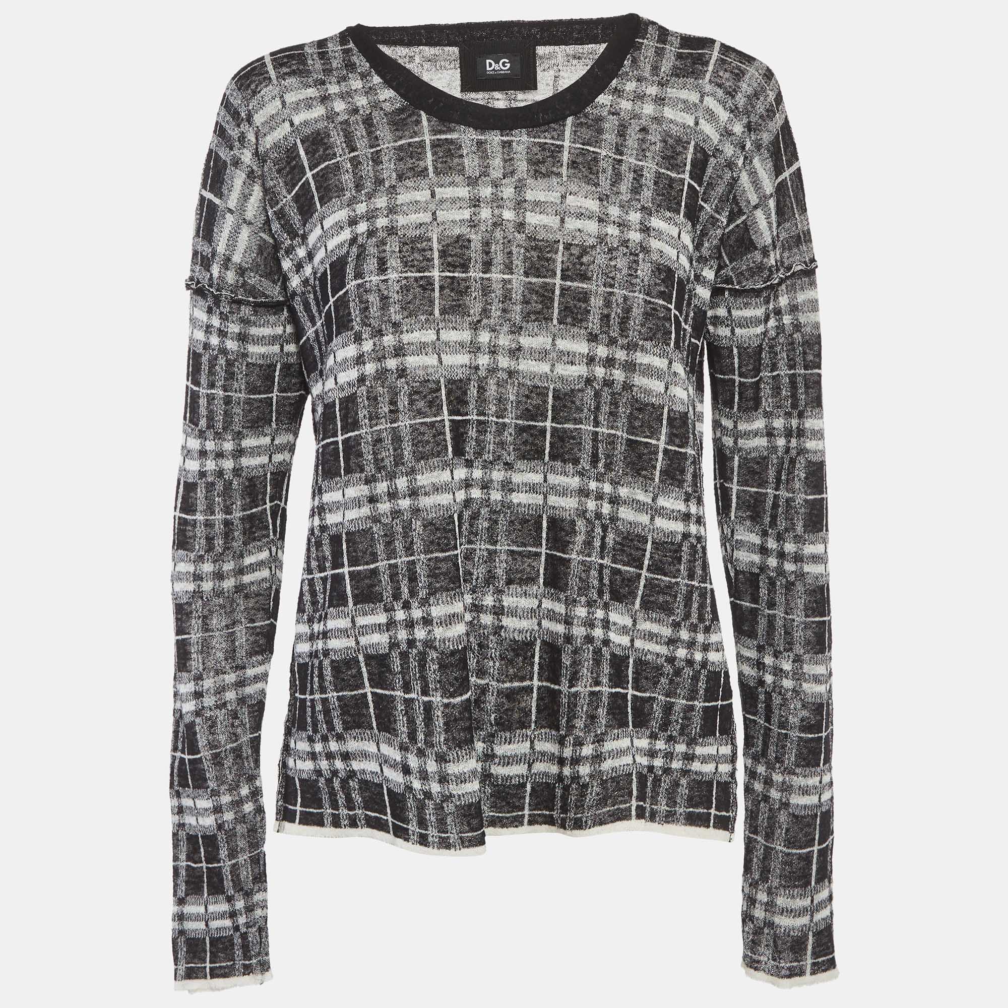 

D&G Monochrome Plaid Knit Semi Sheer Sweatshirt M, Black