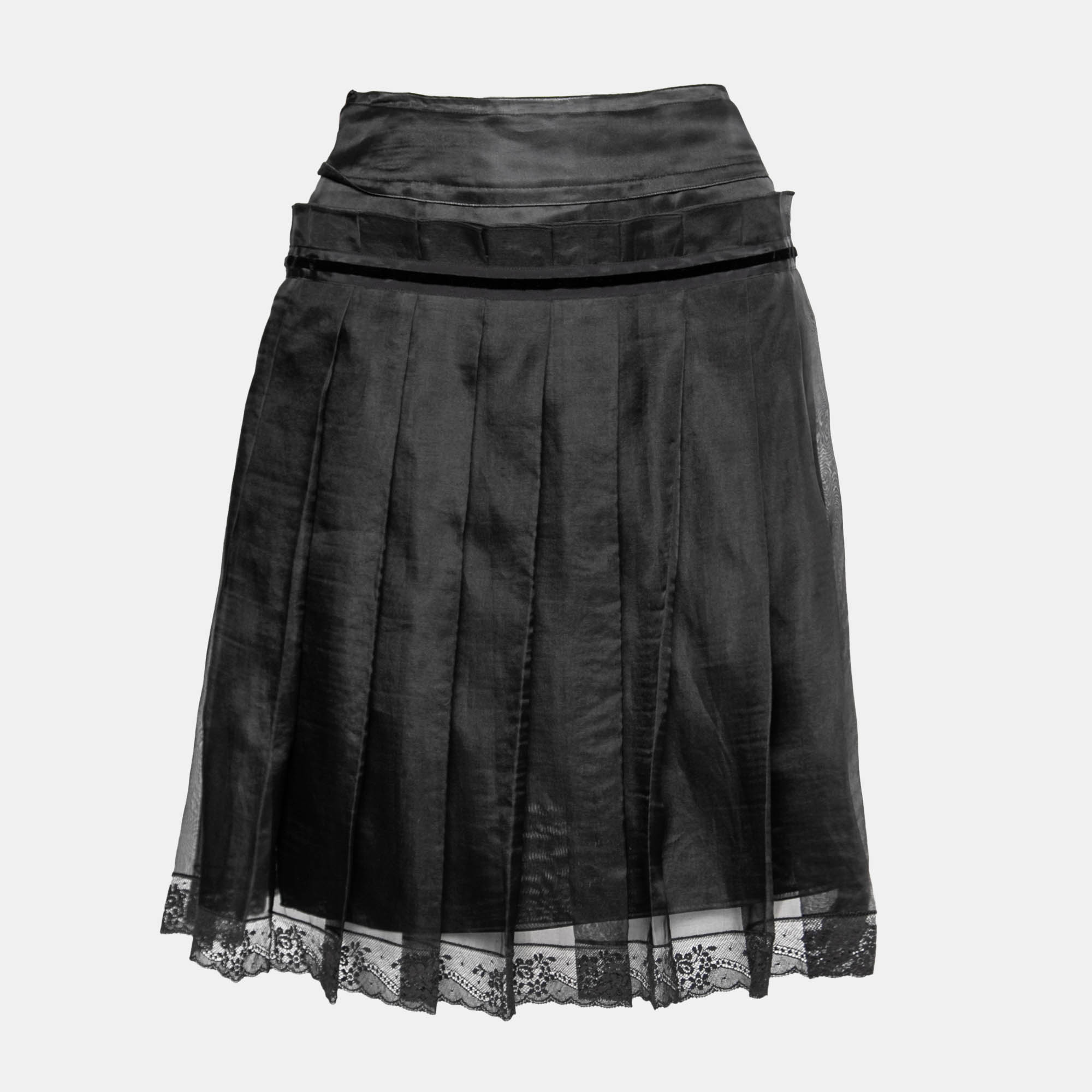 Pre-owned D & G Black Organza Pleated Paneled Skirt L