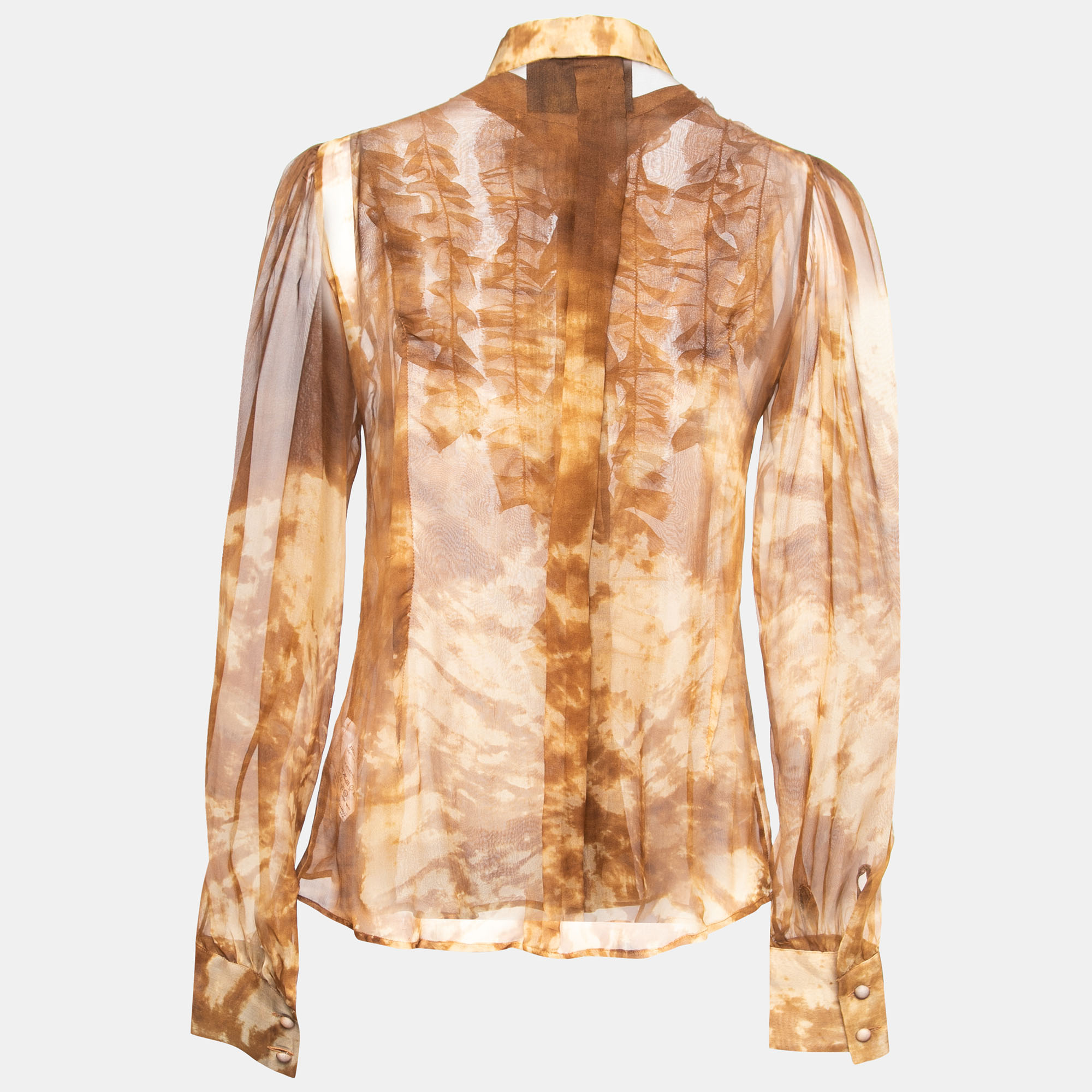 

D&G Brown Tie-Dye Printed Silk Ruffle Trimmed Button Front Blouse