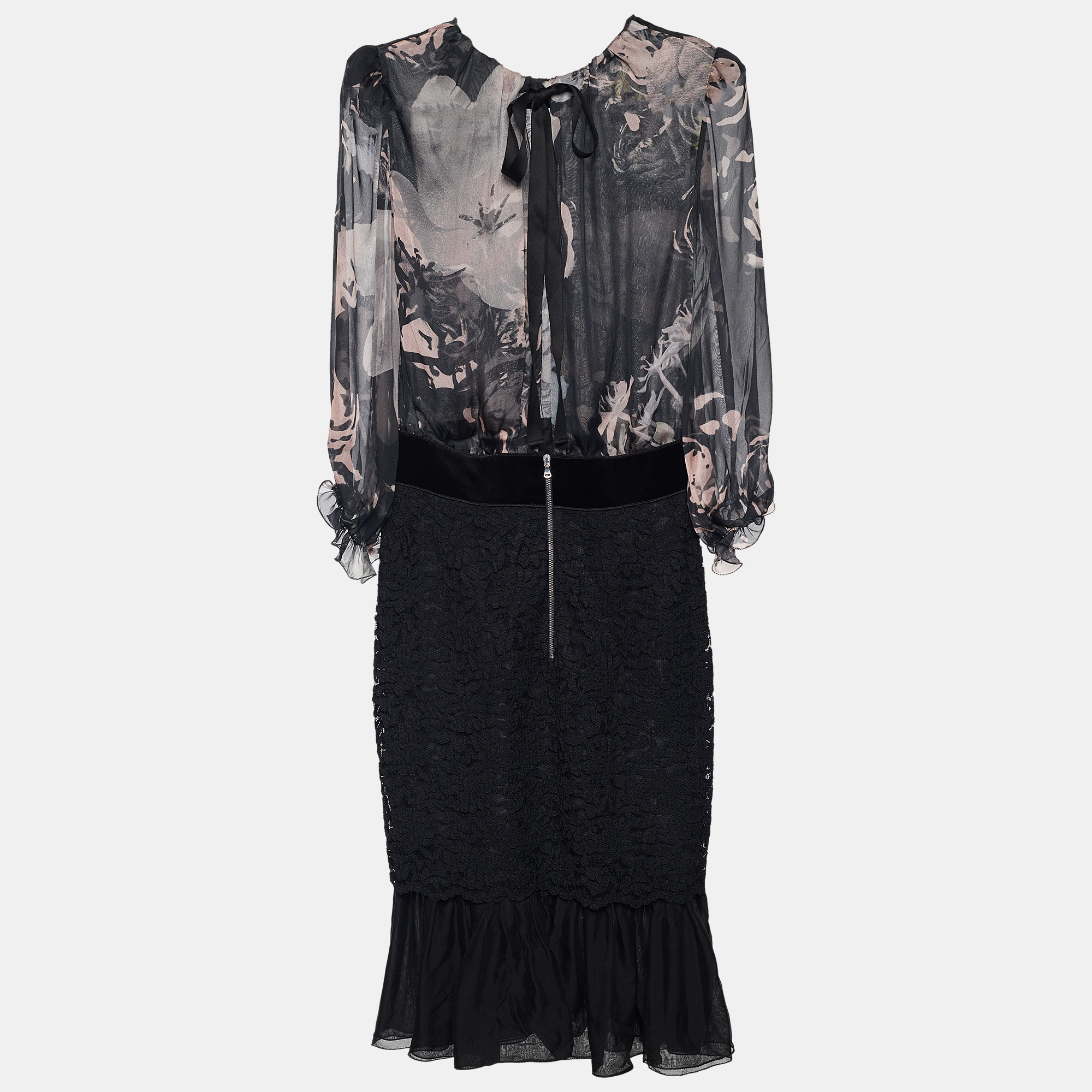 

D&G Black Floral Print Silk & Lace Midi Dress